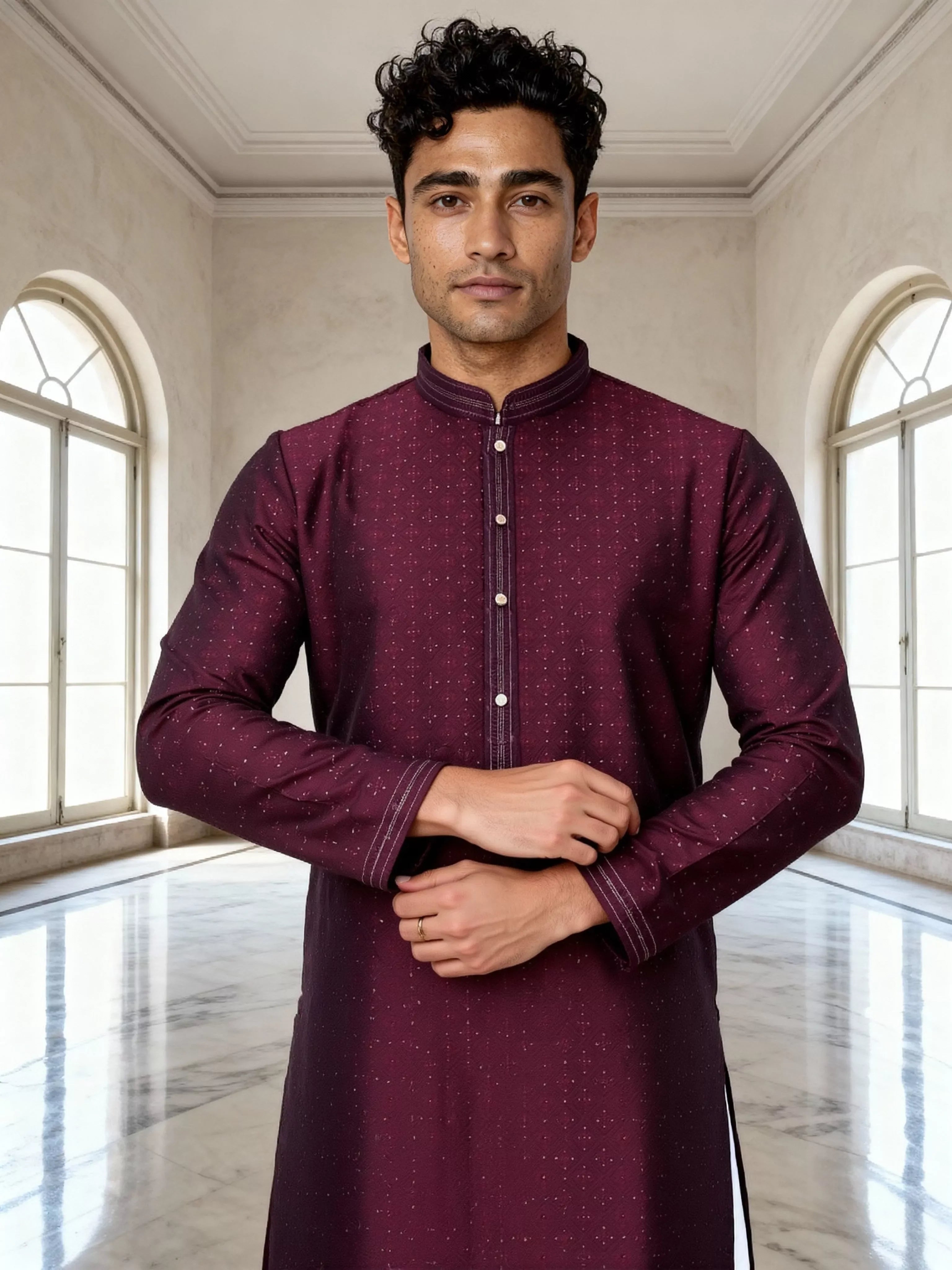 Self Patterned Jacquard Kurta Pyjama Set for Men