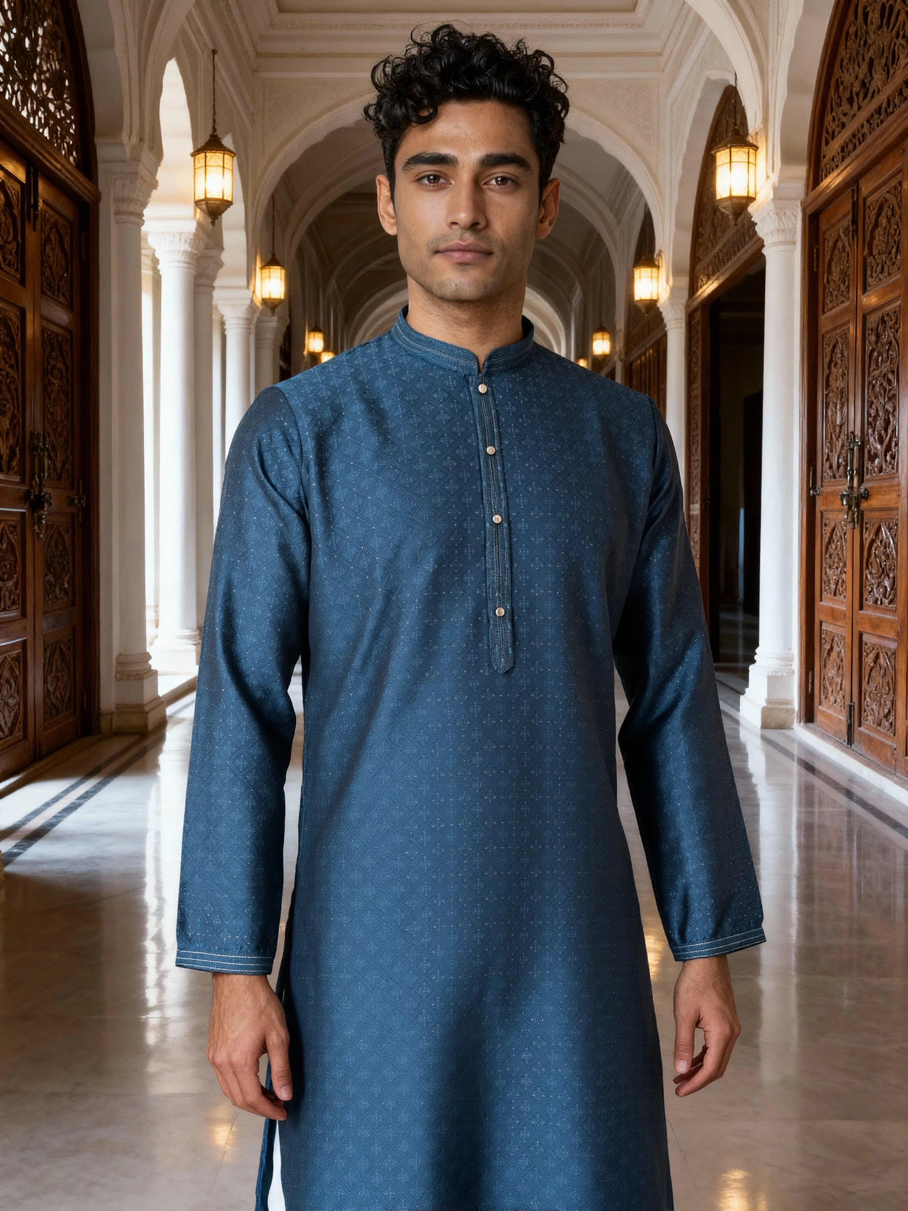 Self Patterned Jacquard Kurta Pyjama Set for Men