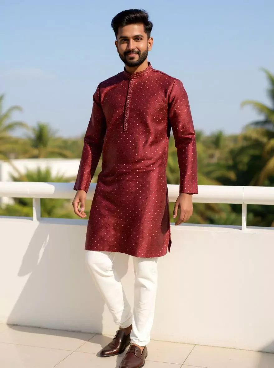 Image of Maroon Self Weaving Jacquard Kurta Pajama Set