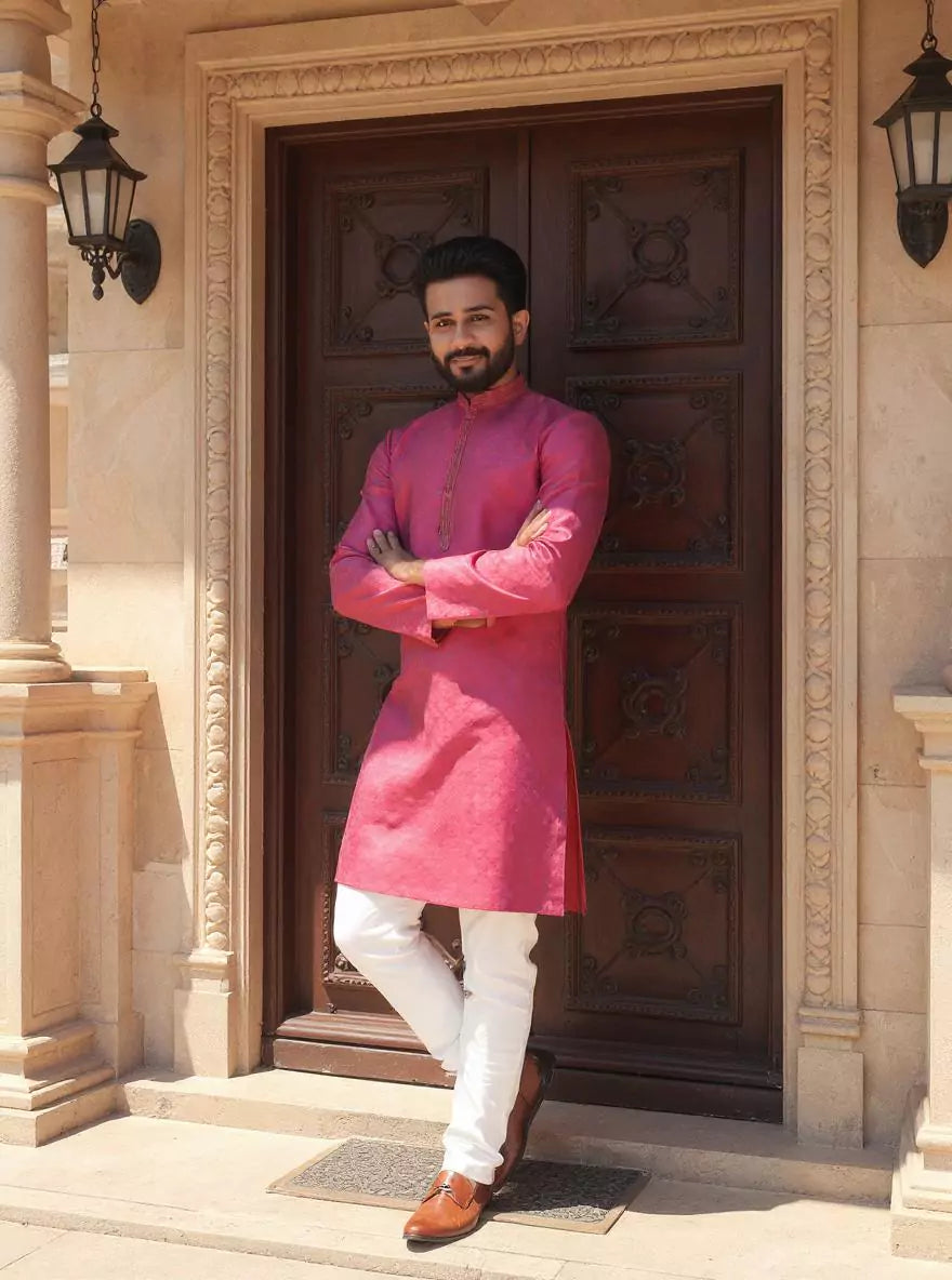 Image of Self Floral Jacquard Kurta Pyjama Set