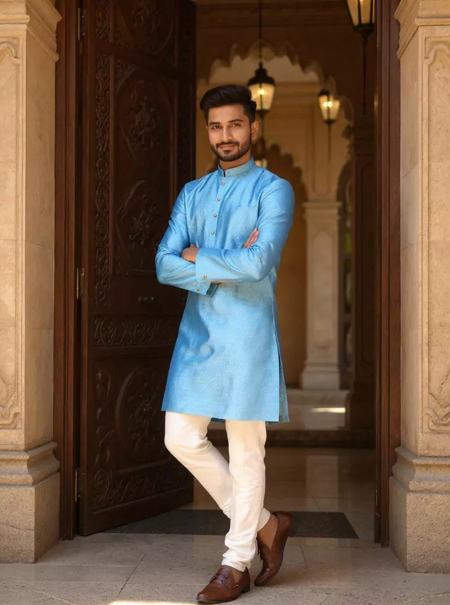 Image of Jacquard Trellis Patterned Kurta Pyjama Set