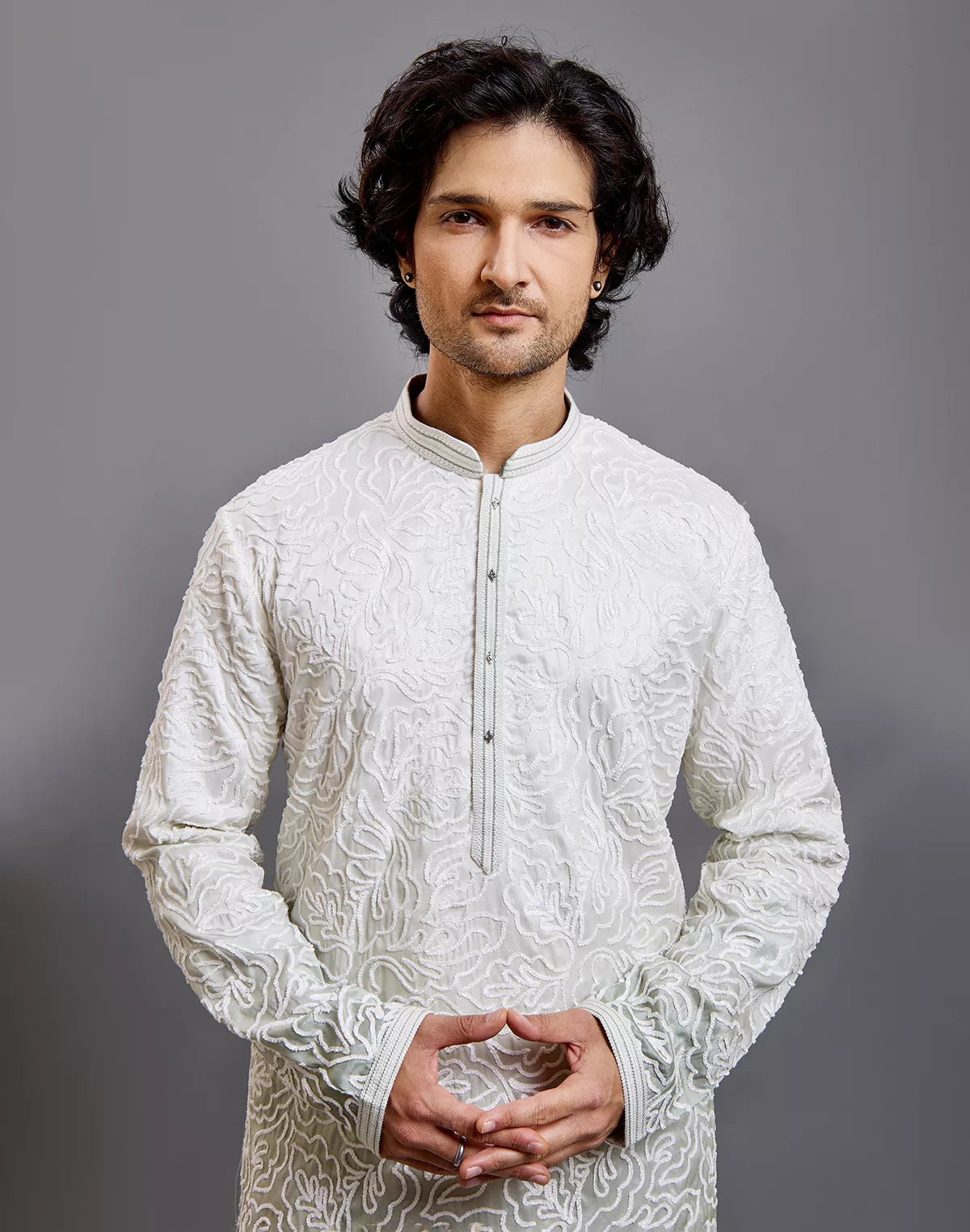 Image of Off White Floral Thread work Cotton Silk Kurta Pyjama Set