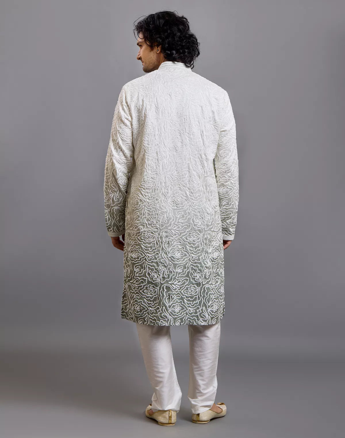 Image of Off White Floral Thread work Cotton Silk Kurta Pyjama Set