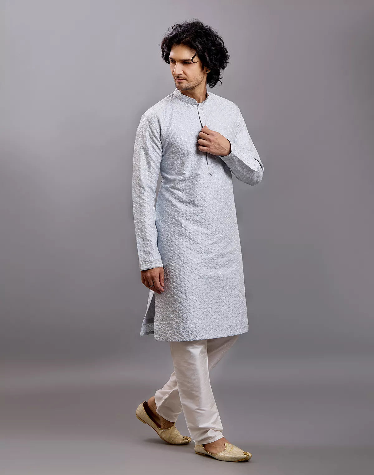 Image of Self Floral Design Embellished work Cotton Silk Kurta Pyjama Set