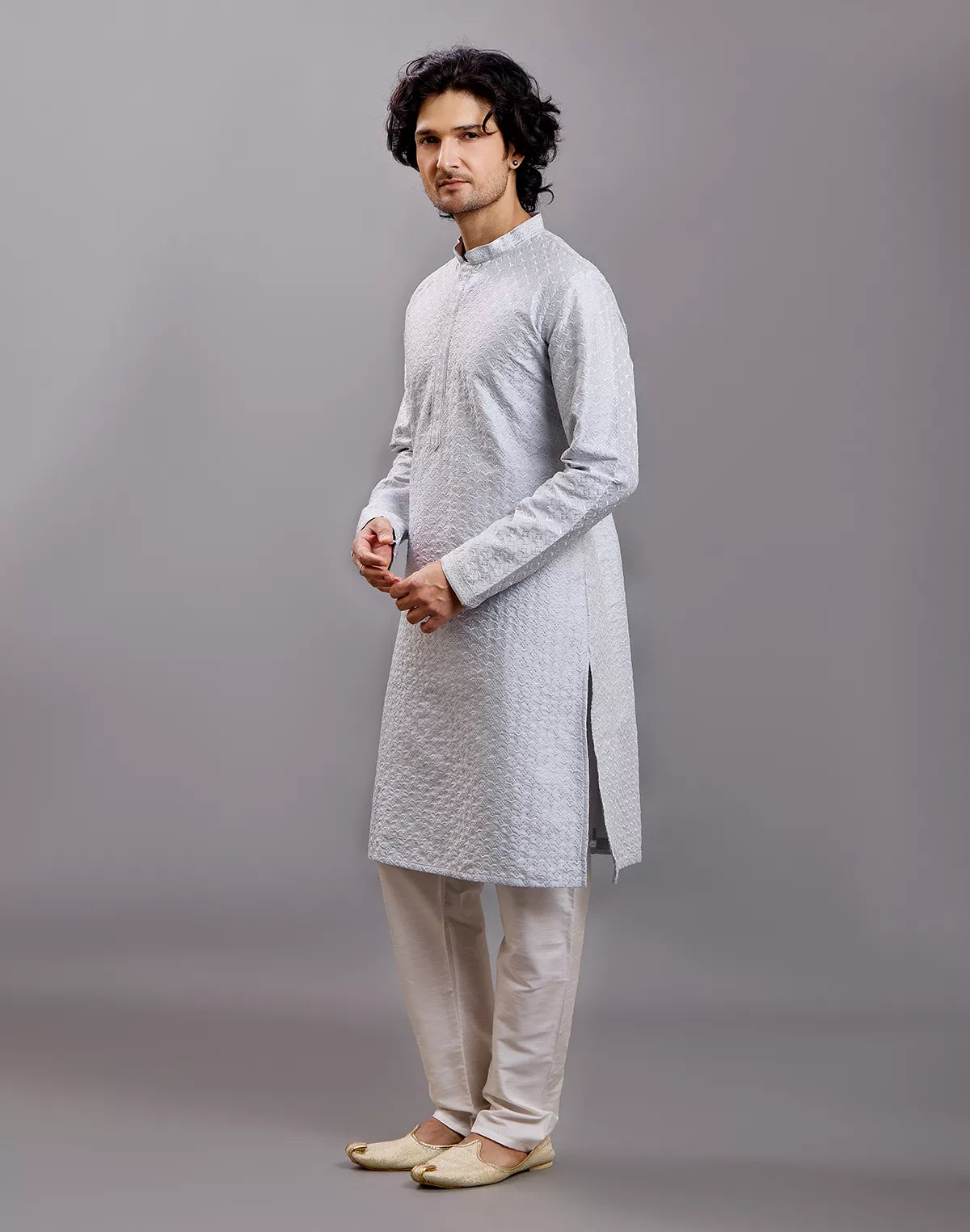 Self Floral Design Embellished work Cotton Silk Kurta Pyjama Set