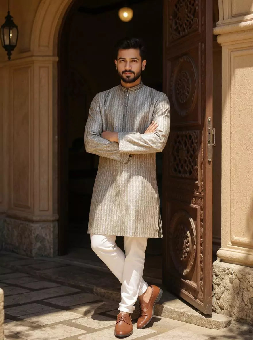 Image of Jacquard Striped Sustainable Weaving Kurta Pyjama