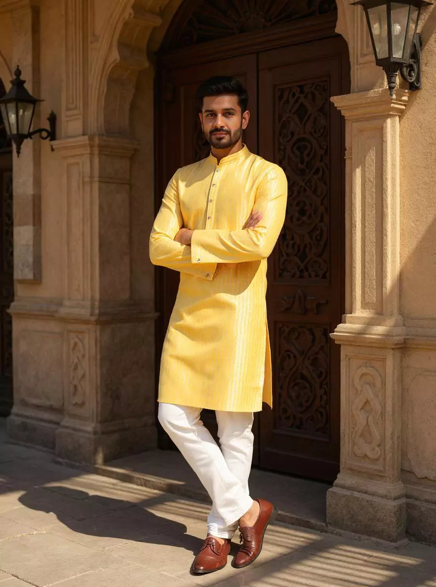 Image of Jacquard Striped Sustainable Weaving Kurta Pyjama