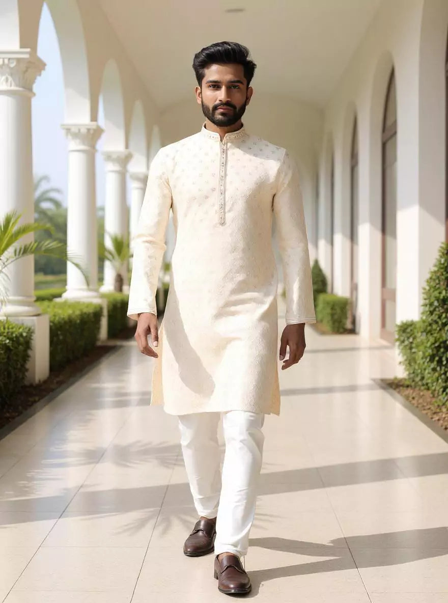 Image of Jacquard Medallion Patterned Kurta Pyjama Set