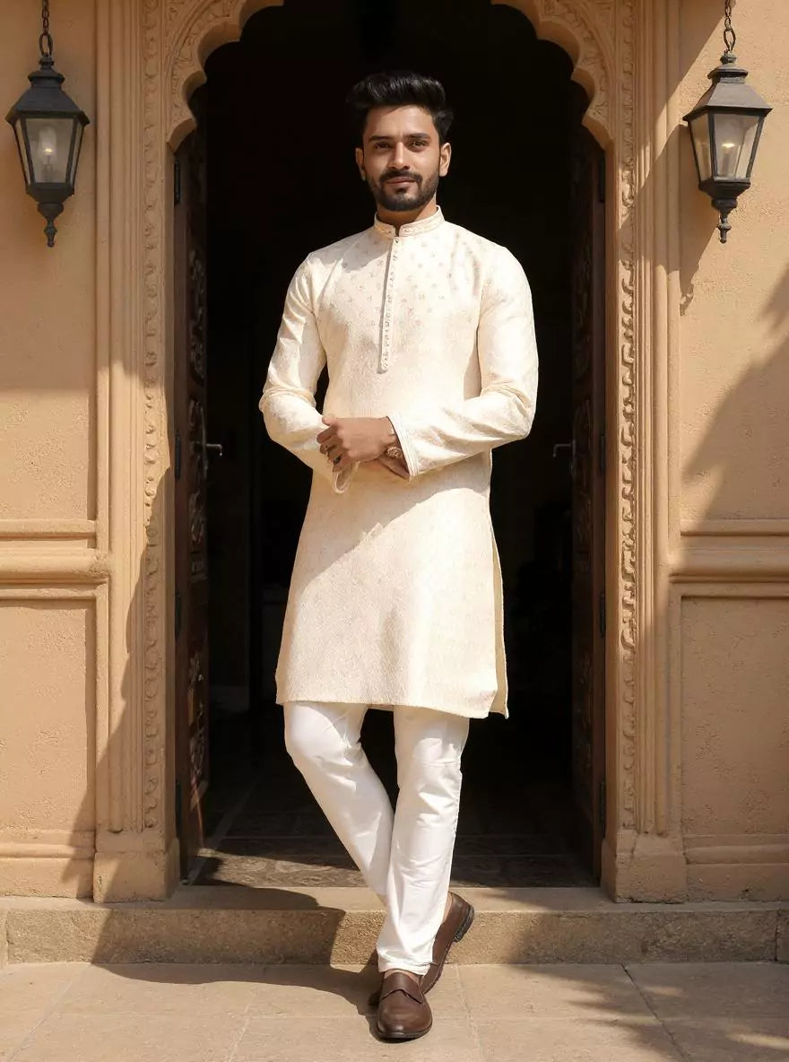 Image of Jacquard Medallion Patterned Kurta Pyjama Set