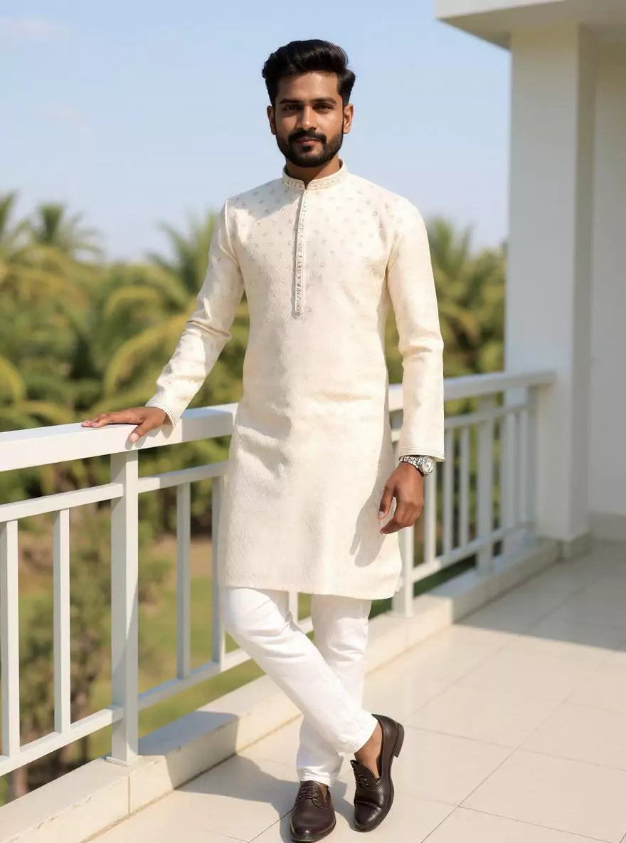Image of Jacquard Medallion Patterned Kurta Pyjama Set