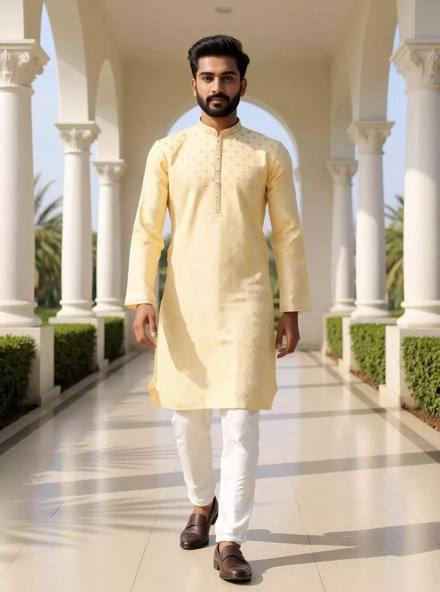 Image of Jacquard Medallion Patterned Kurta Pyjama Set