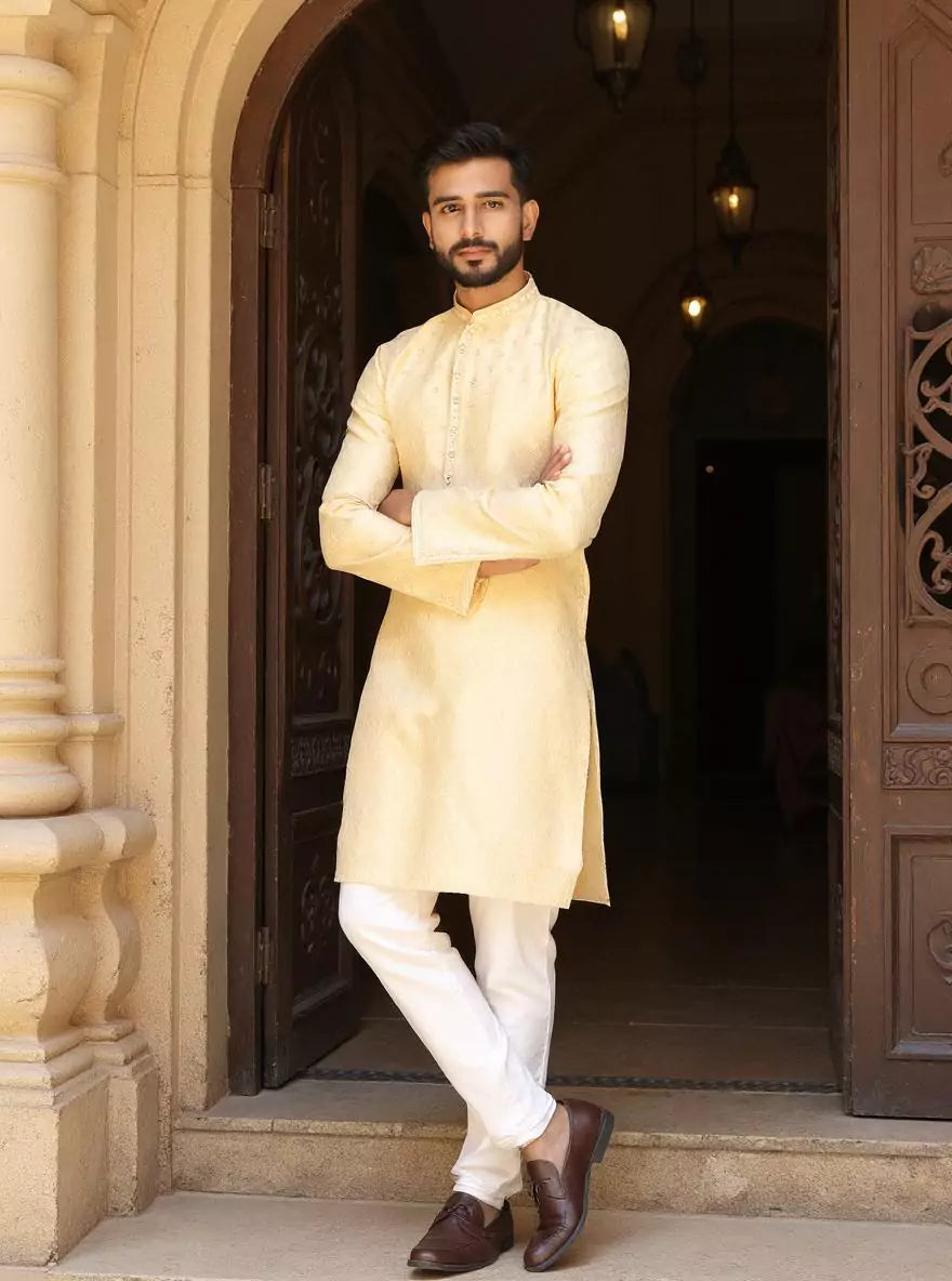 Image of Jacquard Medallion Patterned Kurta Pyjama Set