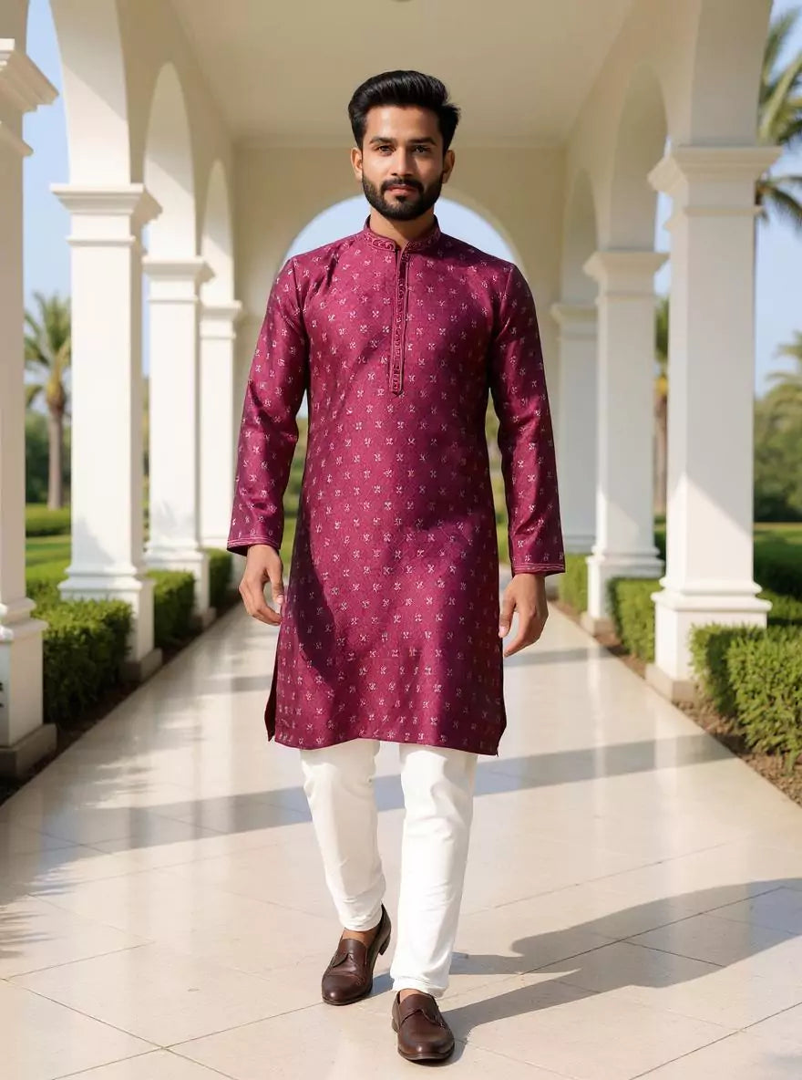Image of Jacquard Medallion Patterned Kurta Pyjama Set