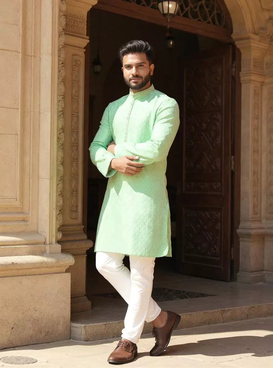 Image of Jacquard Medallion Patterned Kurta Pyjama Set