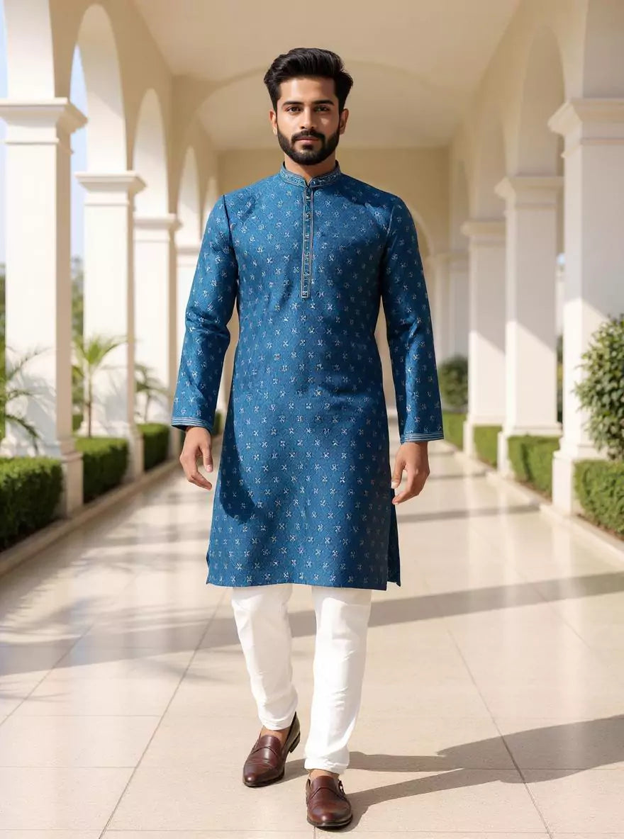 Image of Jacquard Medallion Patterned Kurta Pyjama Set