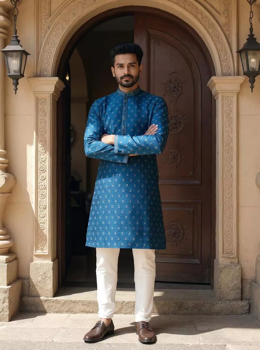 Image of Jacquard Medallion Patterned Kurta Pyjama Set