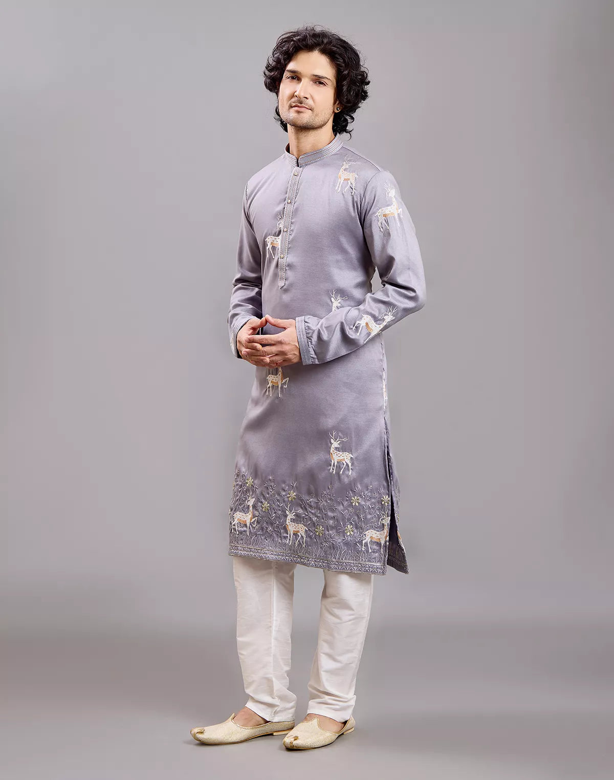 Image of Milky Silk Animal Embroidered Kurta with Pajama