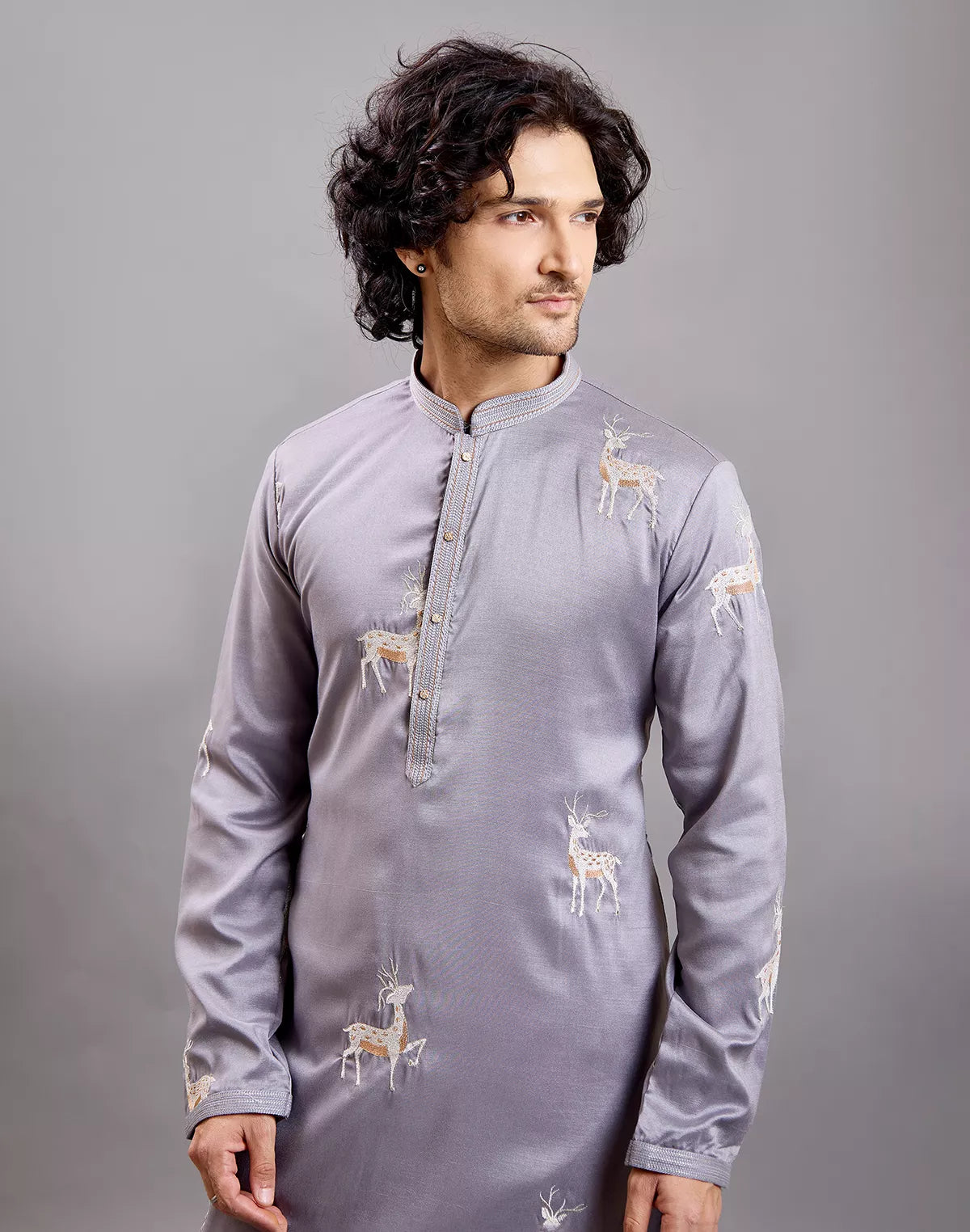 Milky Silk Animal Embroidered Kurta with Pajama