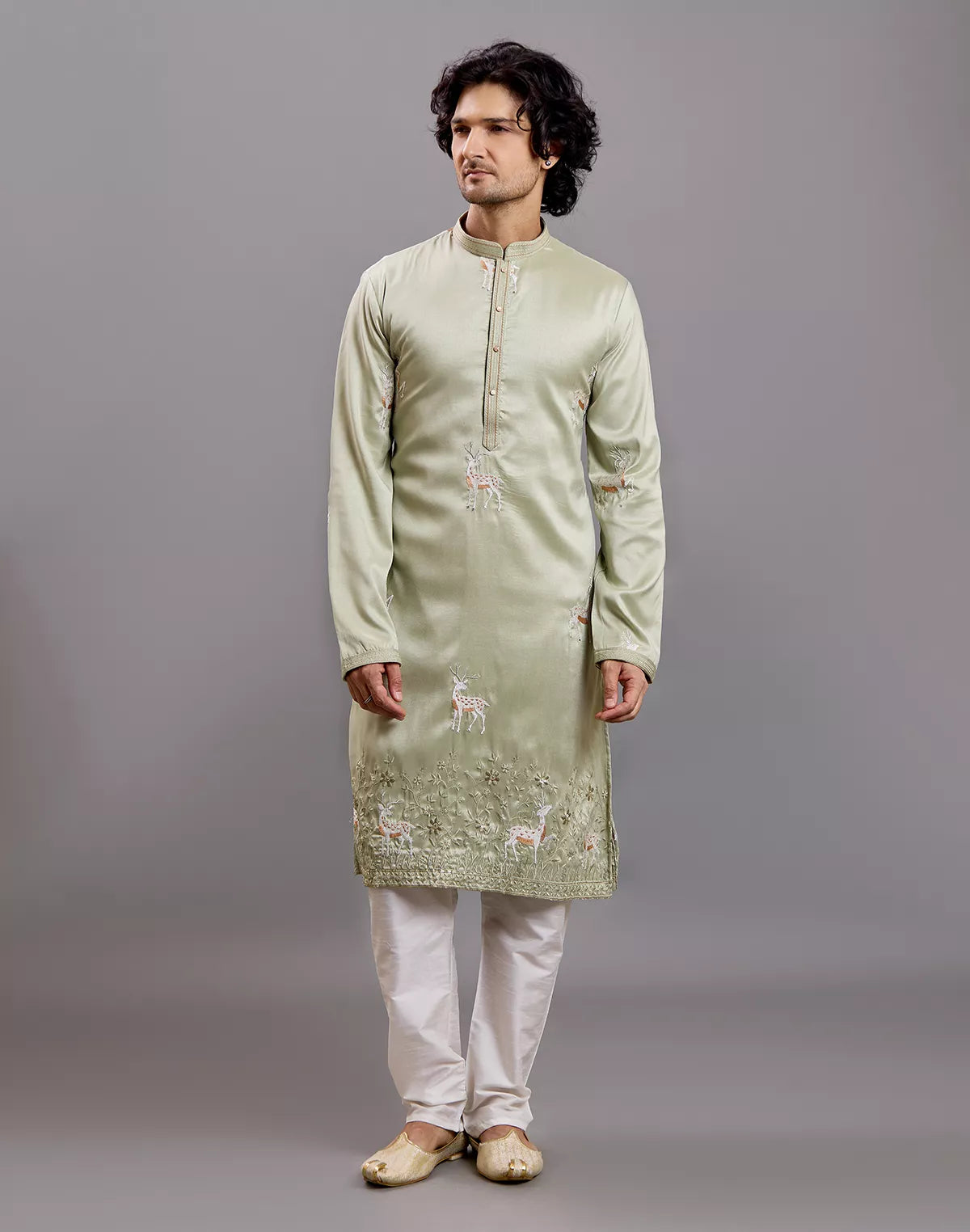 Milky Silk Animal Embroidered Kurta with Pajama