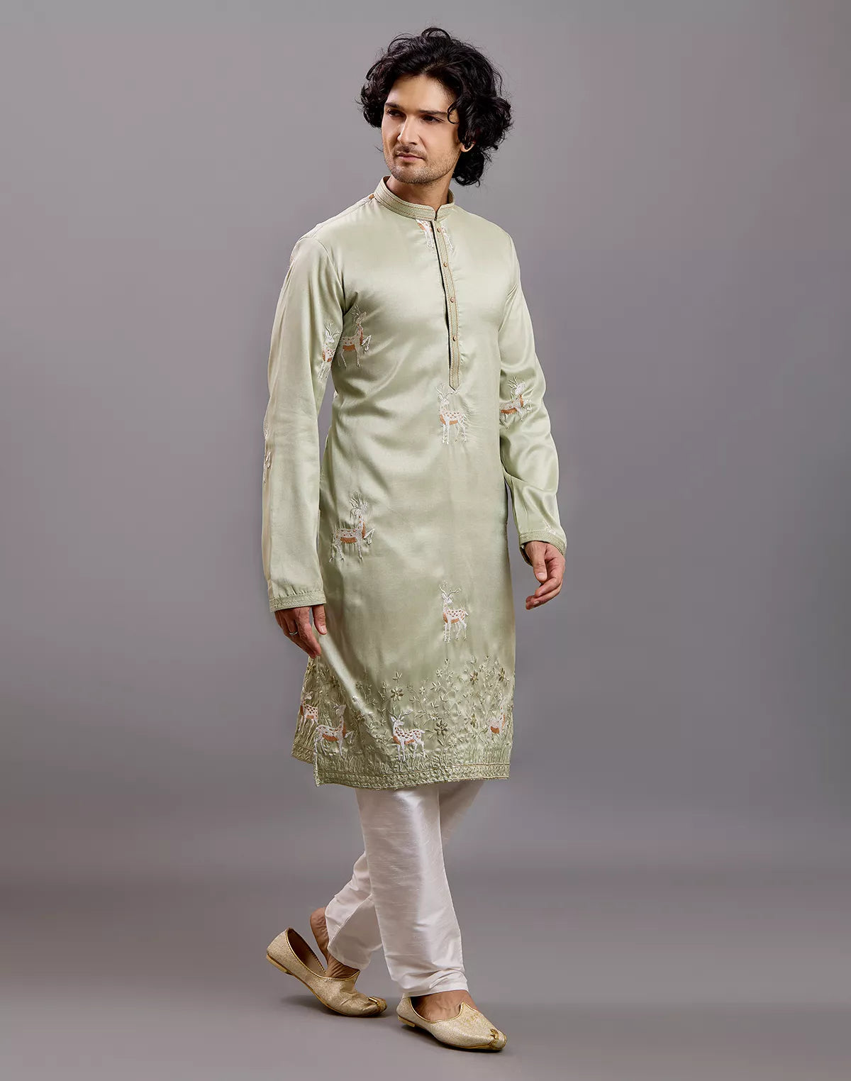 Milky Silk Animal Embroidered Kurta with Pajama