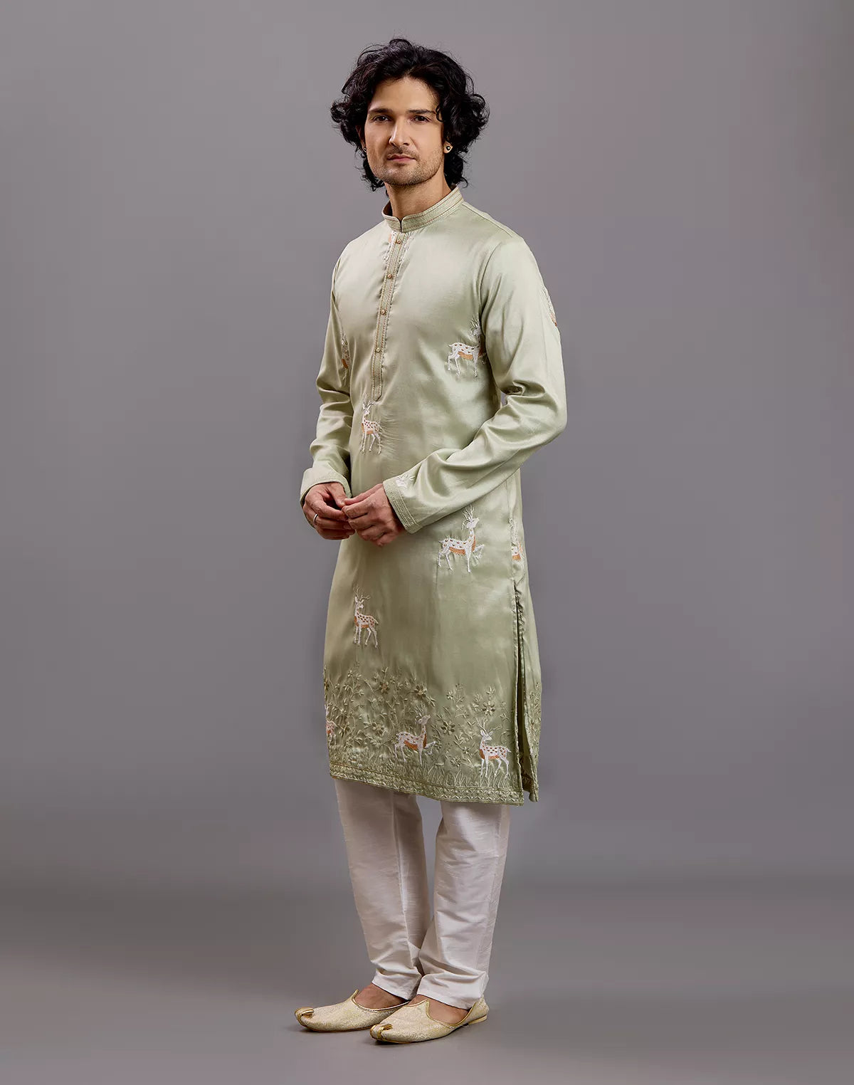 Image of Milky Silk Animal Embroidered Kurta with Pajama
