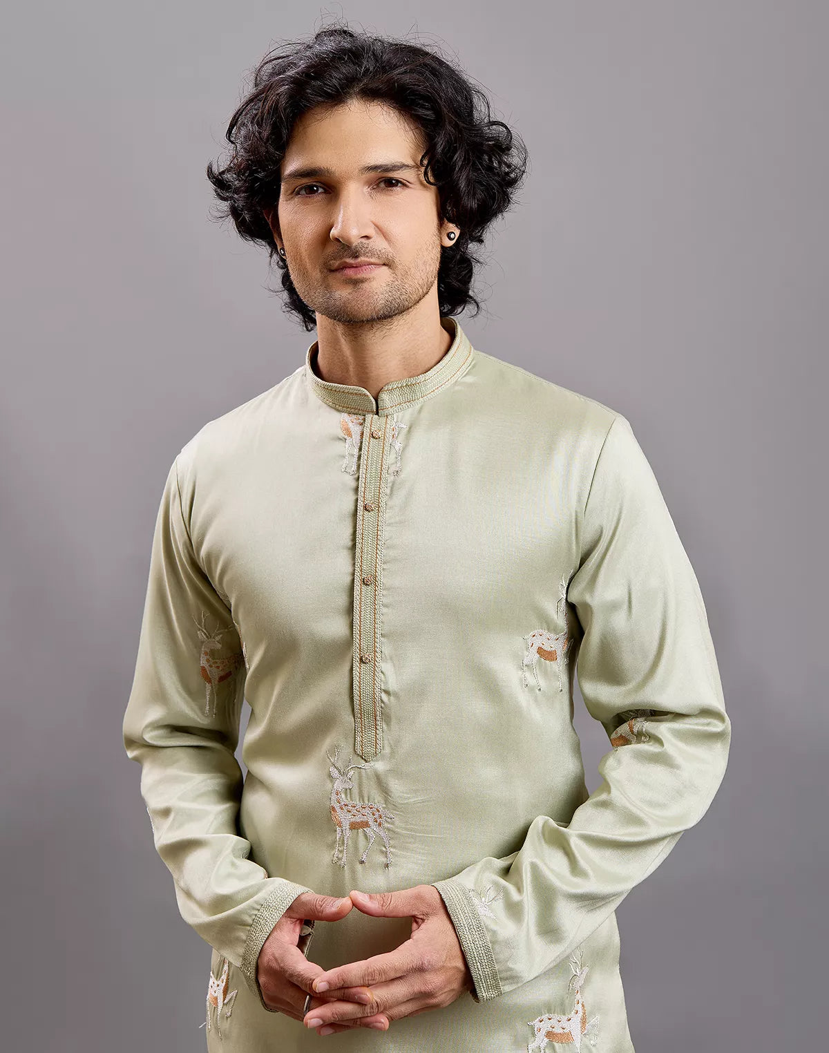Image of Milky Silk Animal Embroidered Kurta with Pajama
