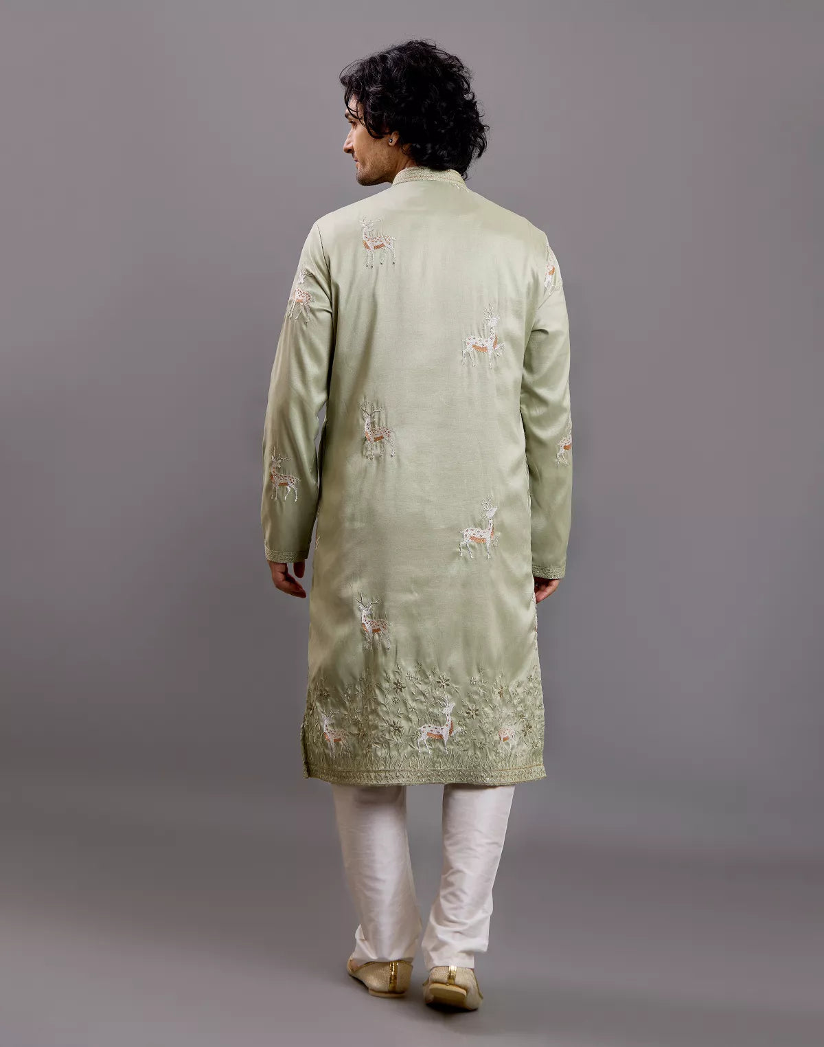 Image of Milky Silk Animal Embroidered Kurta with Pajama