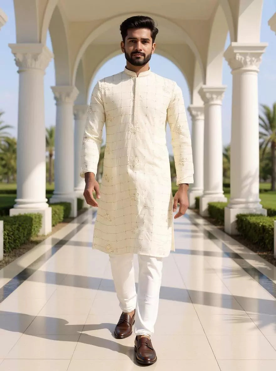 Image of Checks Patterned Embellished work Cotton Silk Kurta Pyjama