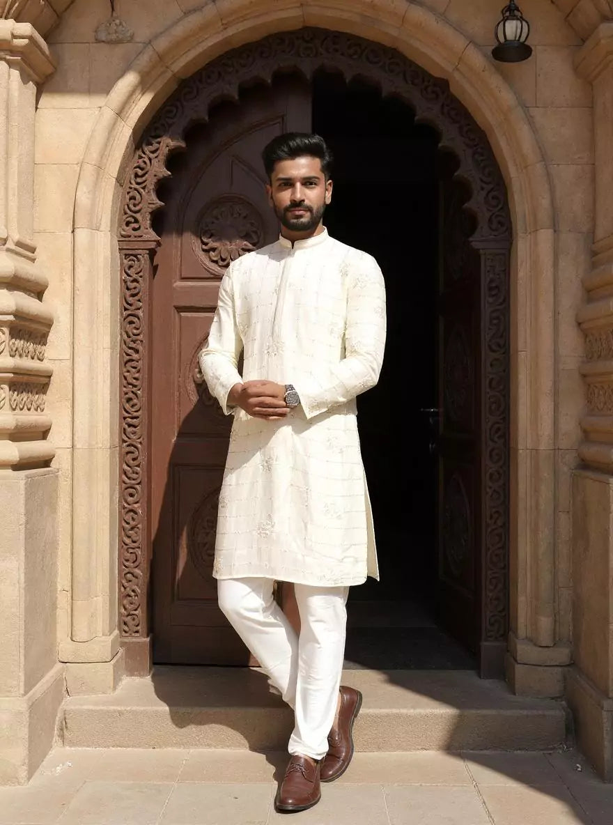 Image of Checks Patterned Embellished work Cotton Silk Kurta Pyjama