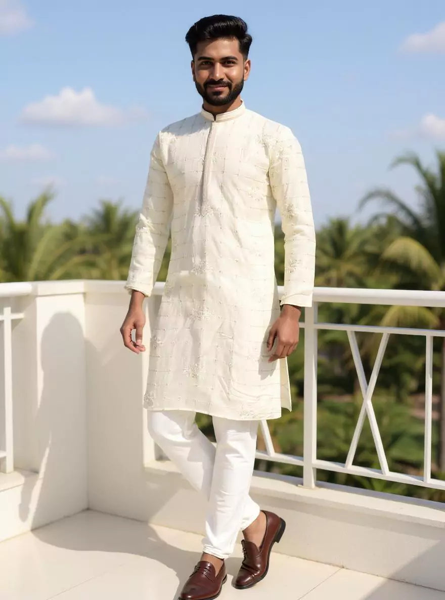 Image of Checks Patterned Embellished work Cotton Silk Kurta Pyjama