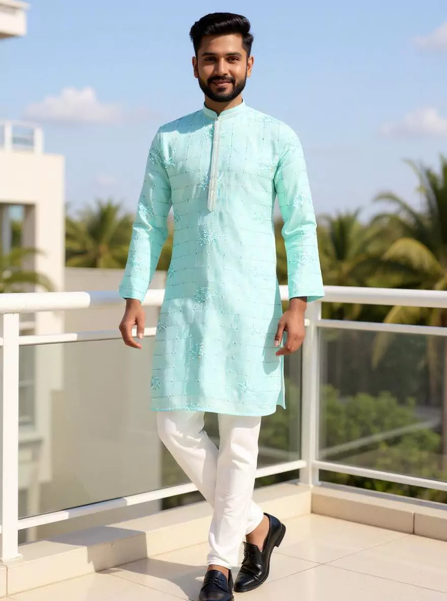 Image of Checks Patterned Embellished work Cotton Silk Kurta Pyjama
