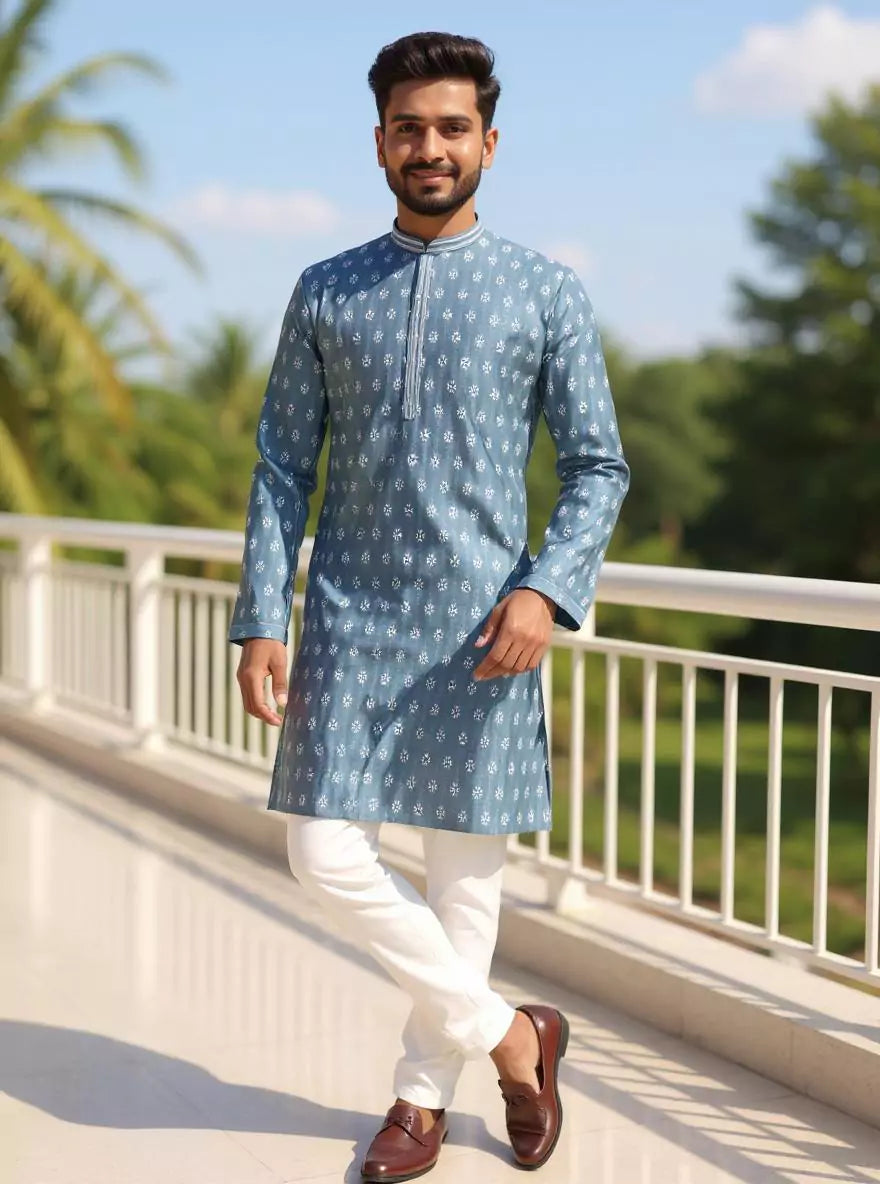 Image of Floral Motifs Cotton Silk Grey Kurta Pyjama Set
