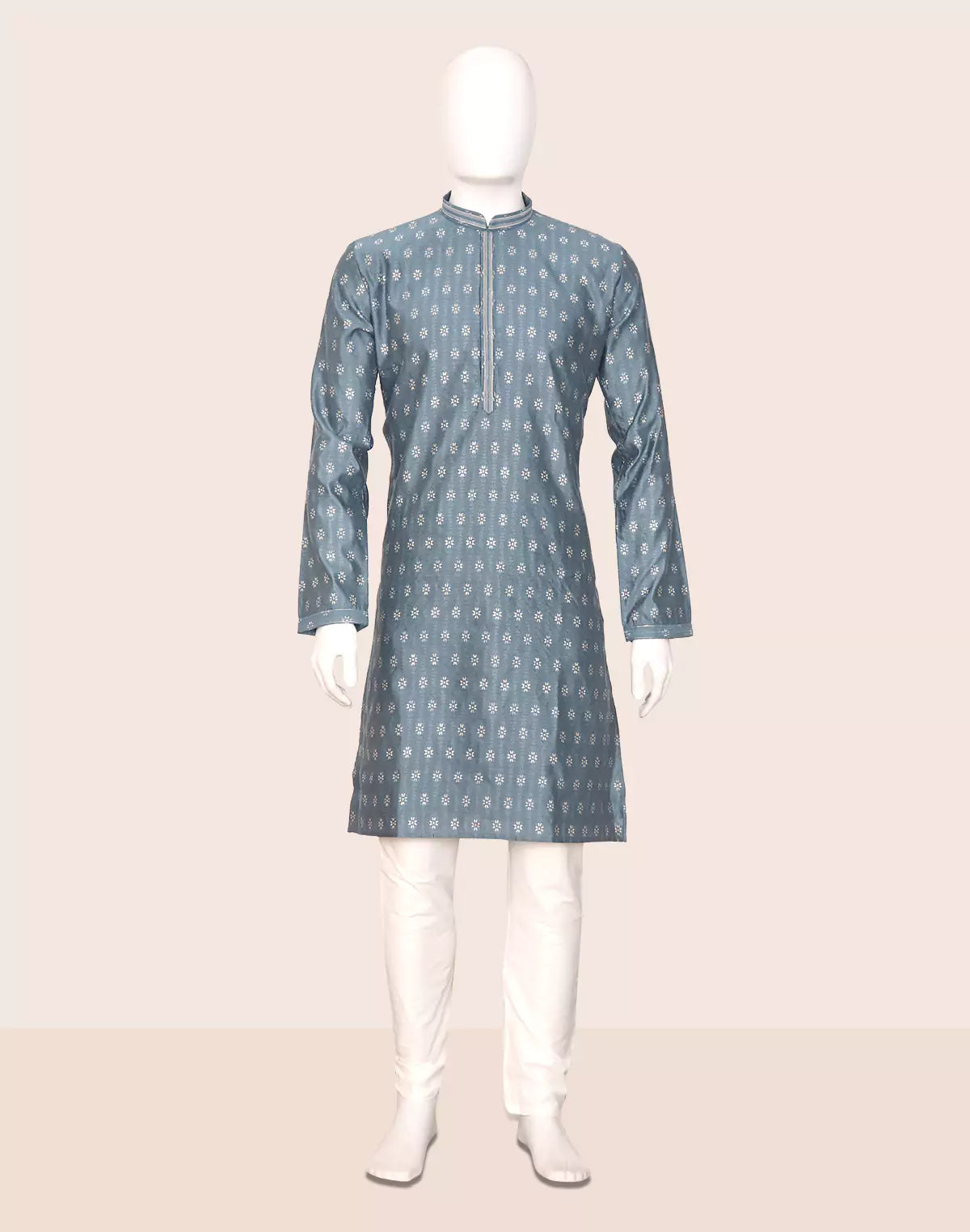 Image of Floral Motifs Cotton Silk Grey Kurta Pyjama Set