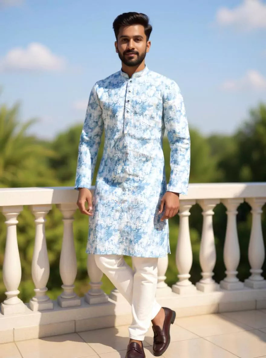 Image of Silver Coloured Digital Print Giza Cotton Kurta Pyjama