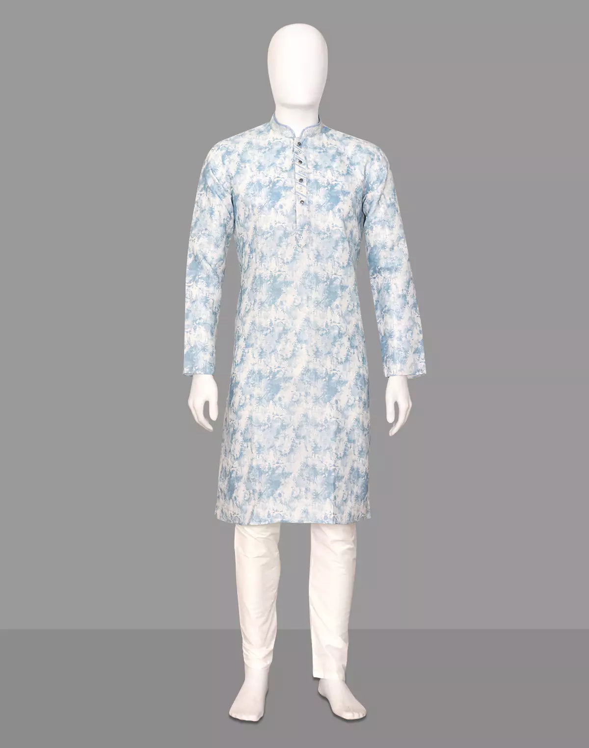 Image of Silver Coloured Digital Print Giza Cotton Kurta Pyjama