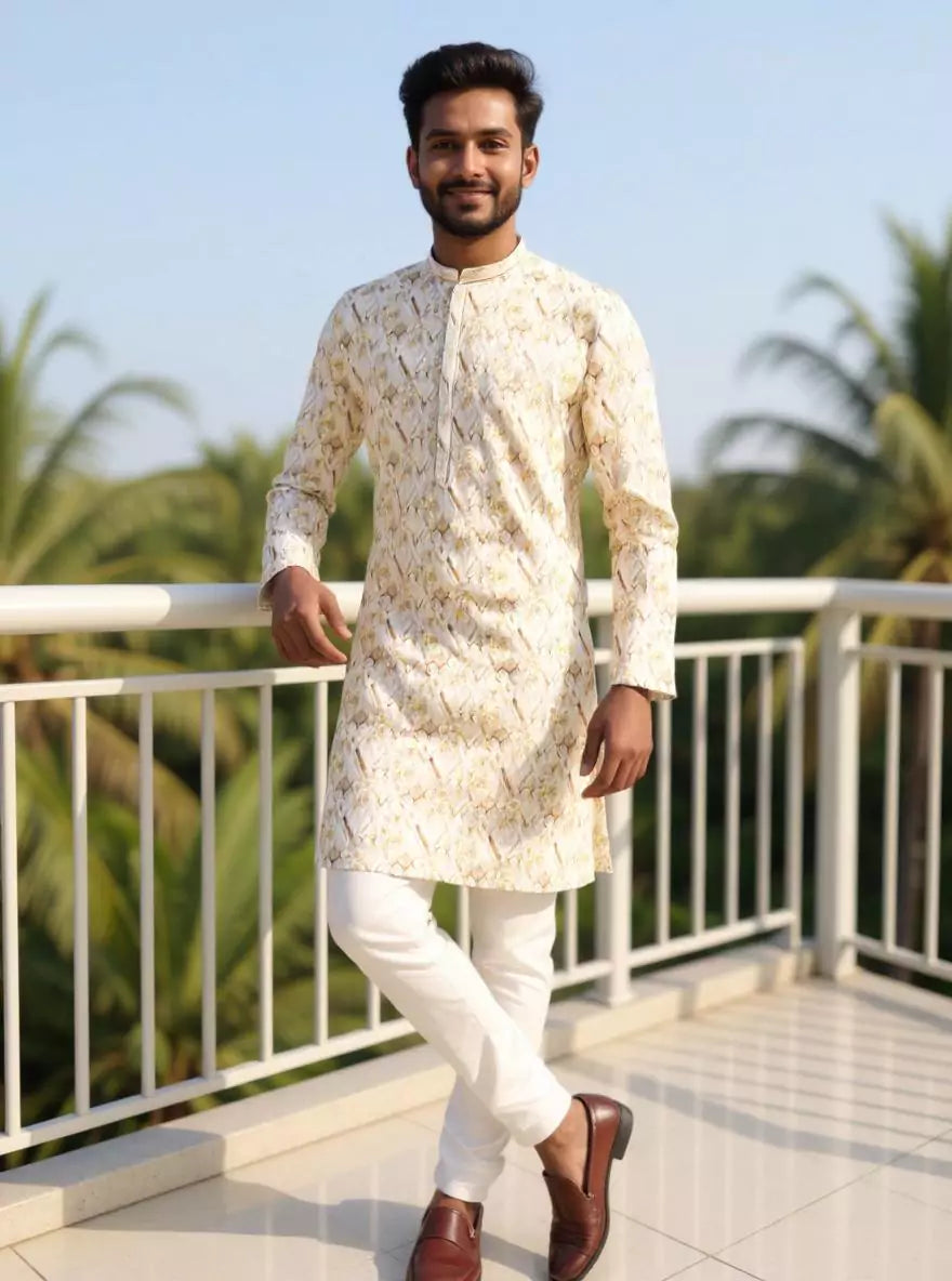 Image of Floral Printed Cotton Kurta Pyjama in Lemon