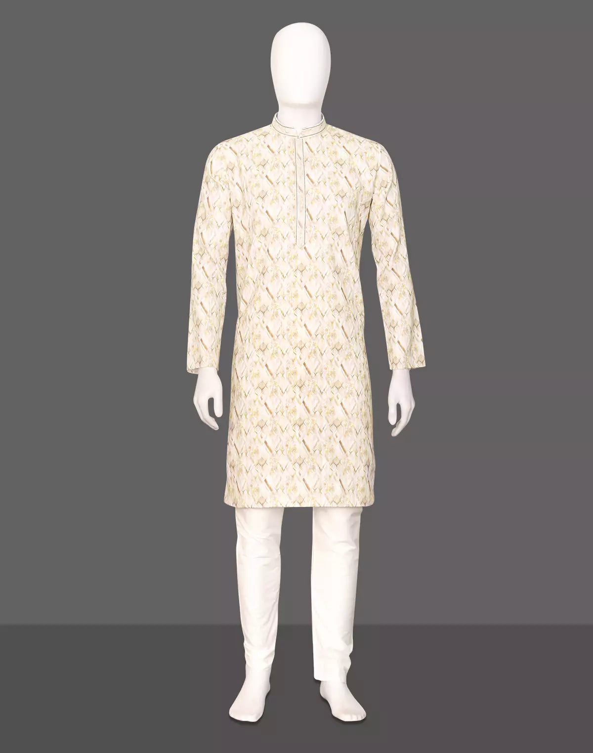 Image of Floral Printed Cotton Kurta Pyjama in Lemon