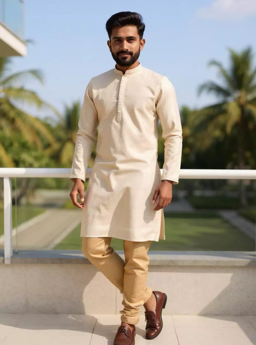 Image of Cream Checks with Butta Jacquard Kurta Pajama