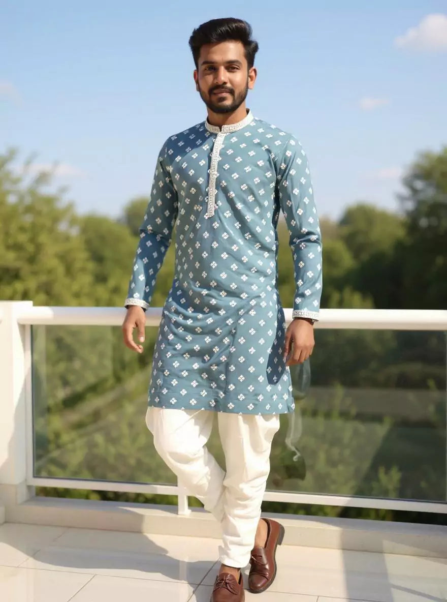 Image of Gun Blue Color Floral Thread Embroidery Giza Cotton Kurta Set
