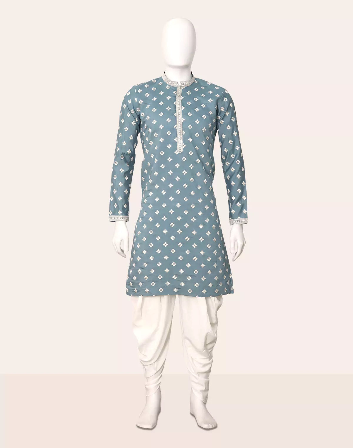 Image of Gun Blue Color Floral Thread Embroidery Giza Cotton Kurta Set
