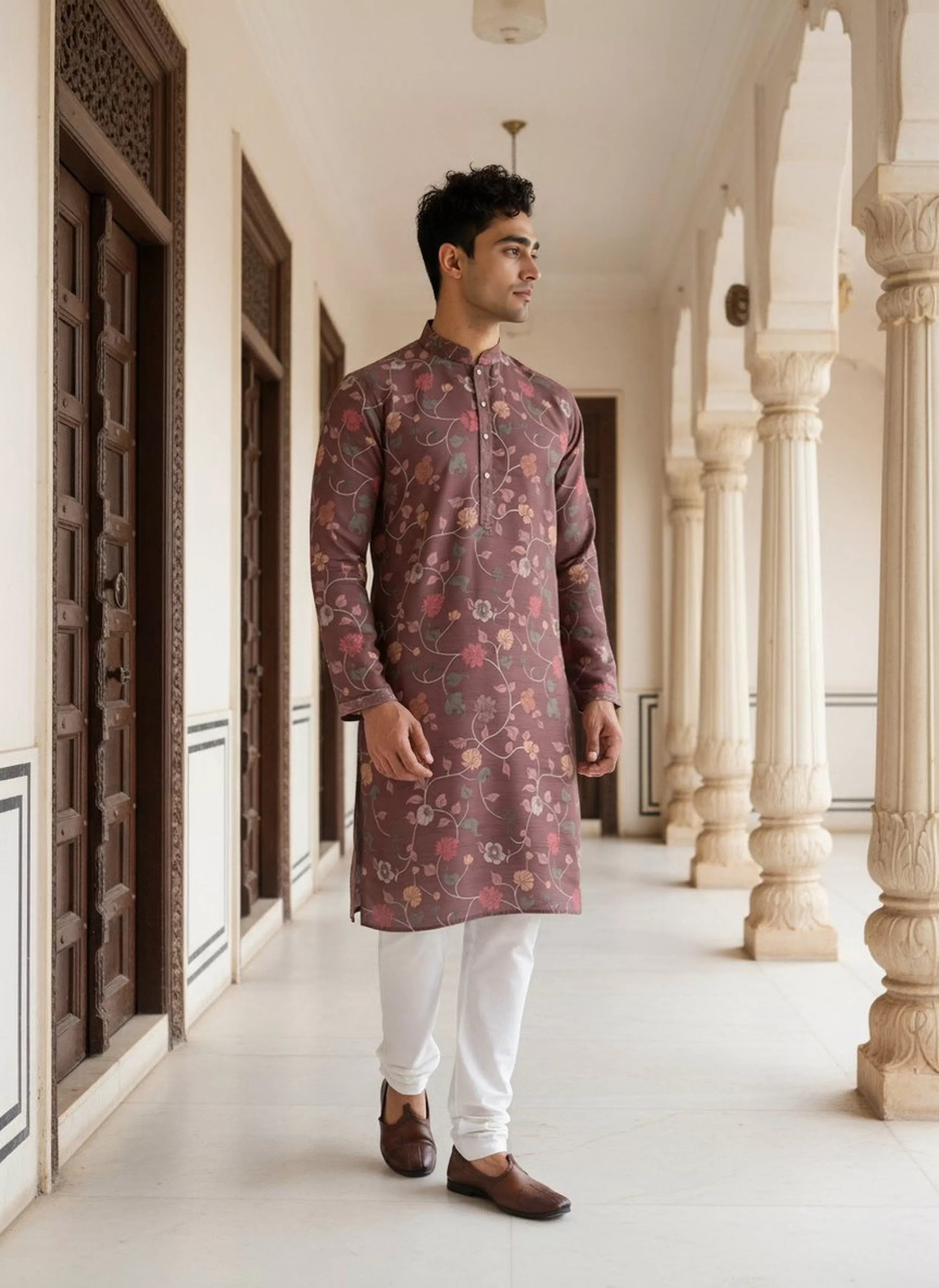 Wine Bel Buti Patterned Milky Silk Kurta Pyjamas