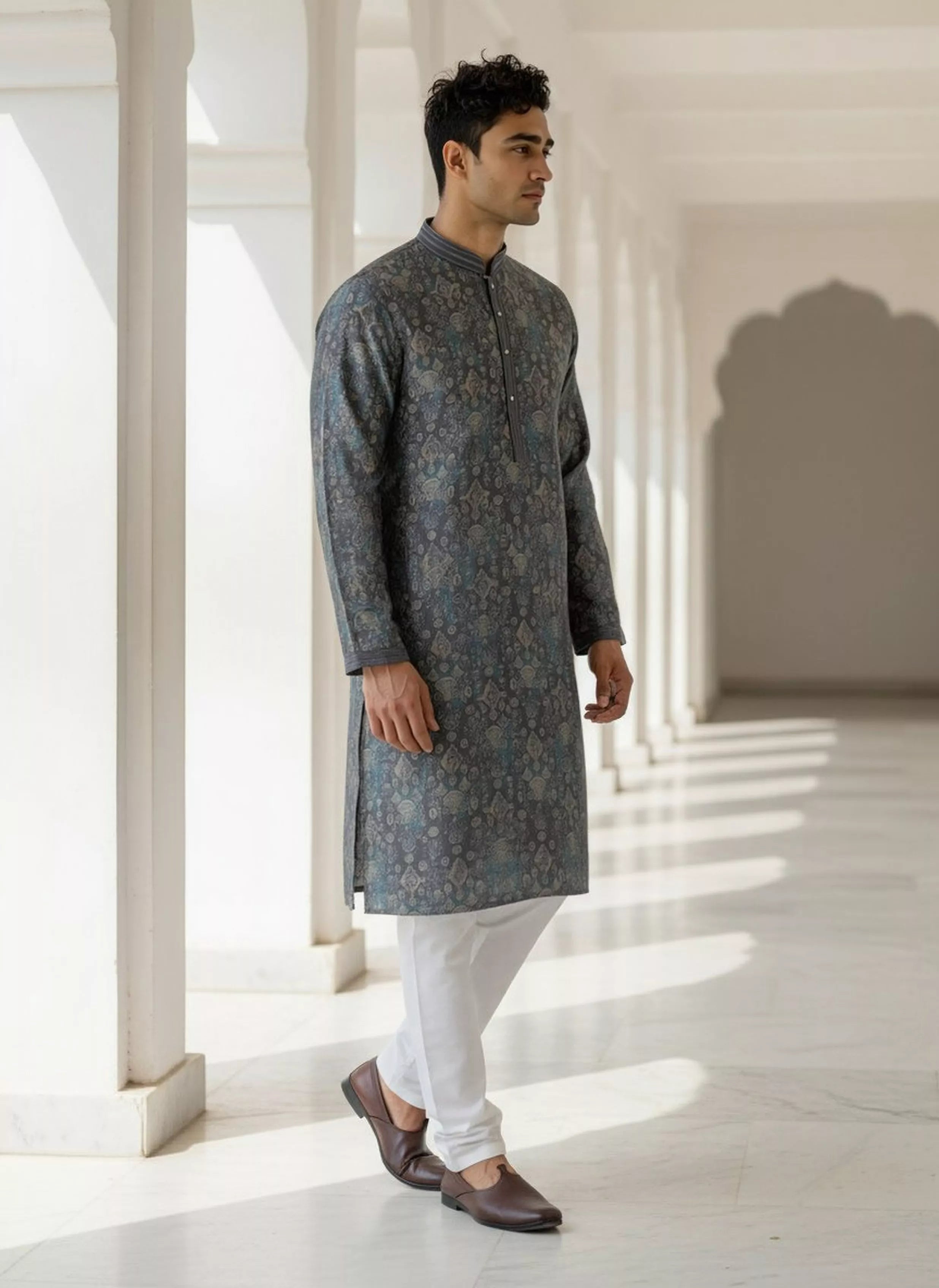 Graphic Print Indigo Blue Milky Silk Kurta Pyjama Set