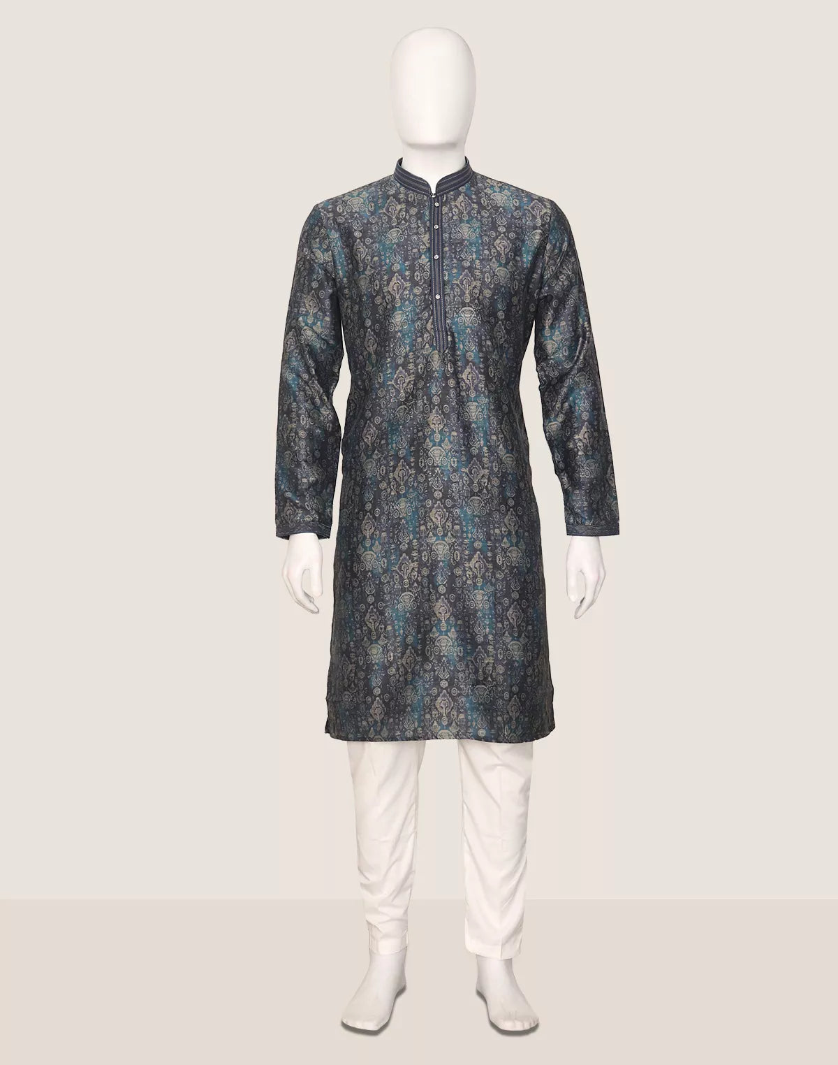Image of Graphic Print Indigo Blue Milky Silk Kurta Pyjama Set