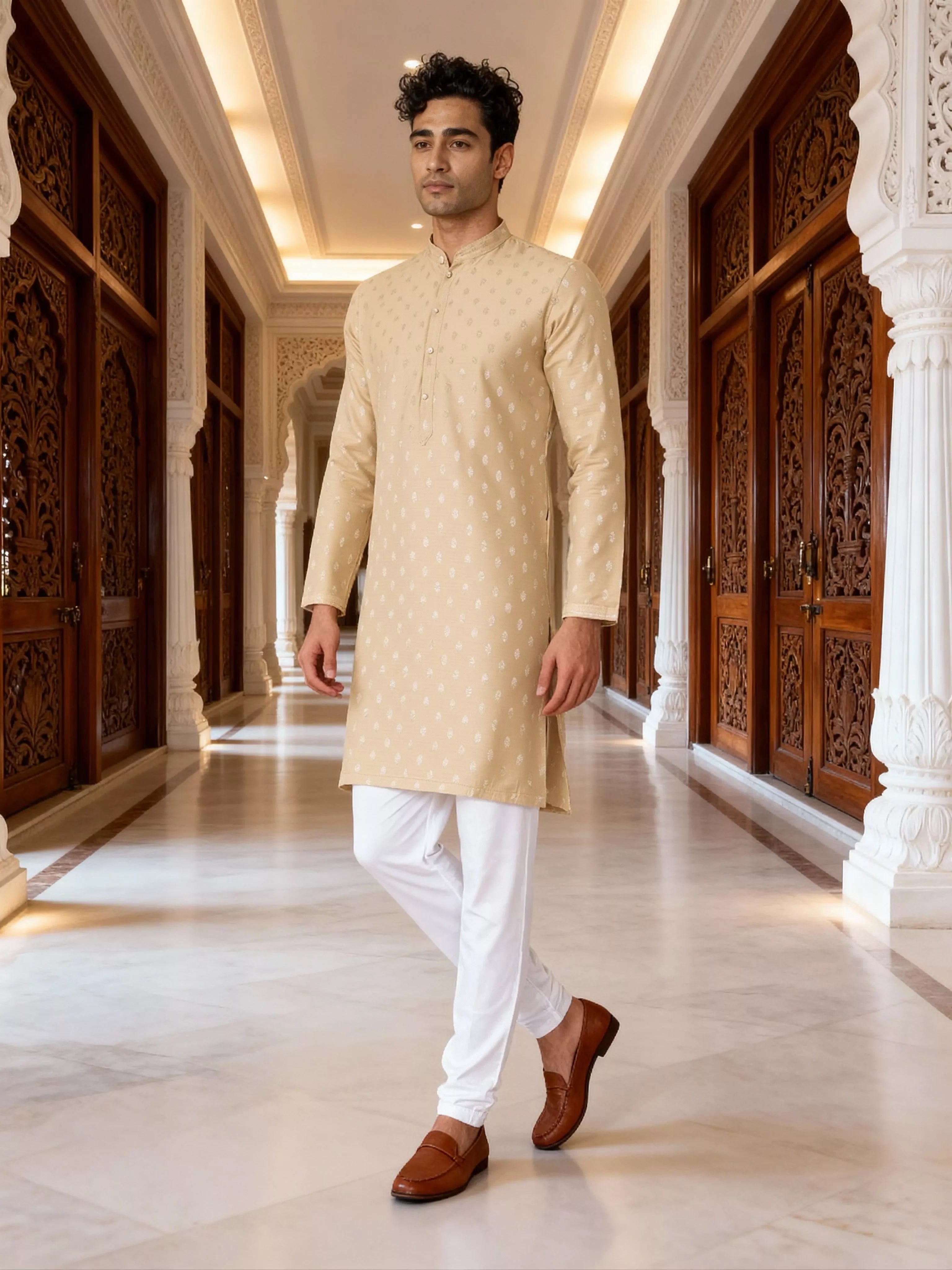 Image of Jacquard Floral Butta Kurta Pyjama Set