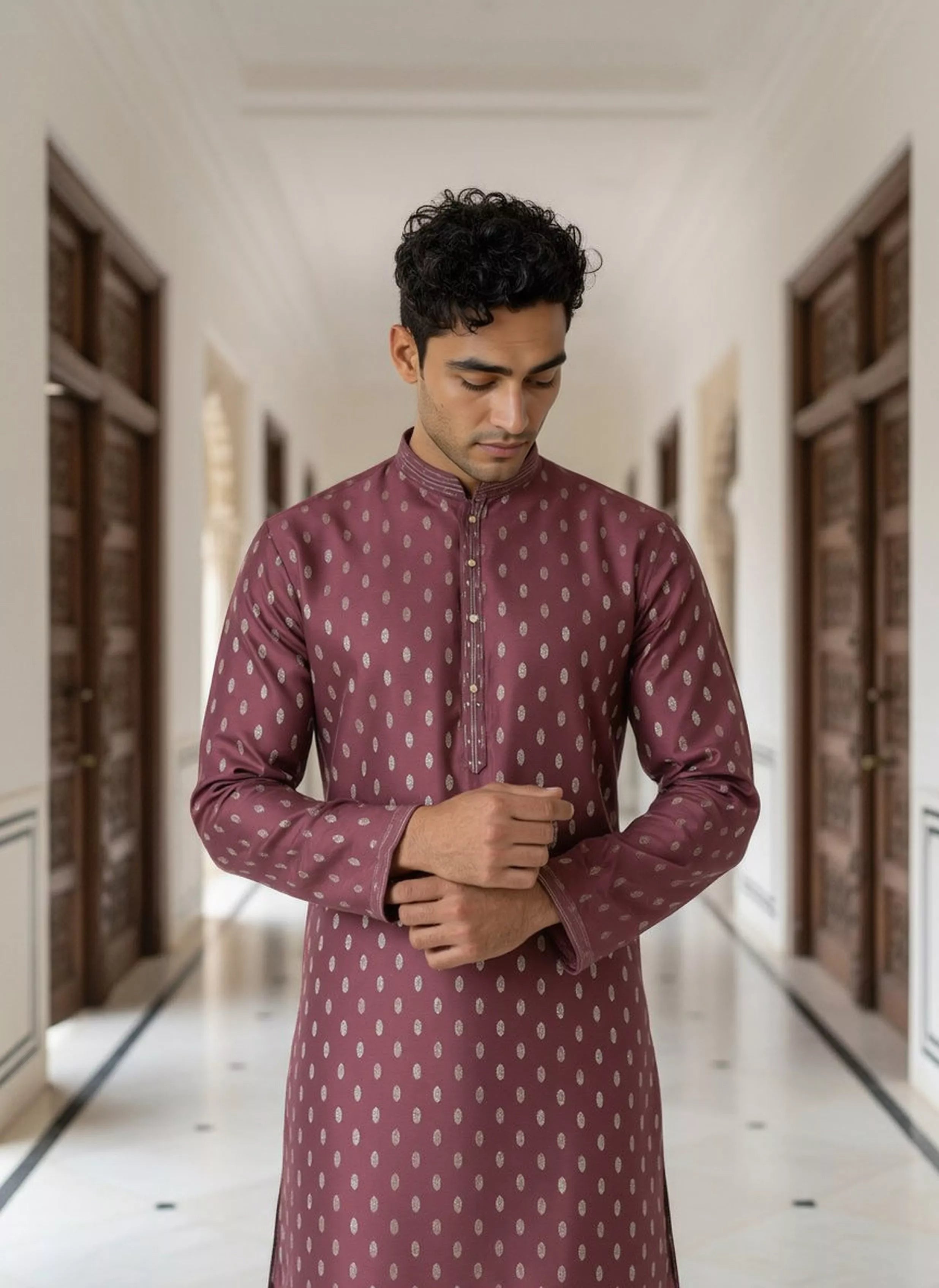 Image of Jacquard Floral Butta Kurta Pyjama Set