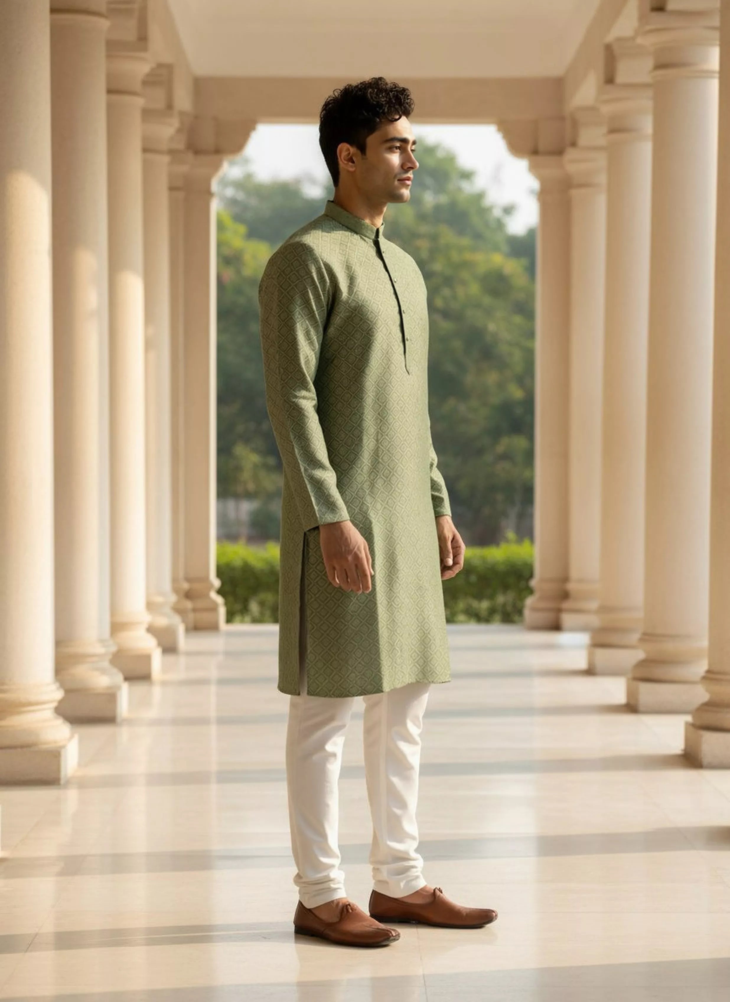 Image of Floral Motifs Mehendi Colour Jacquard Kurta Pyjama Set