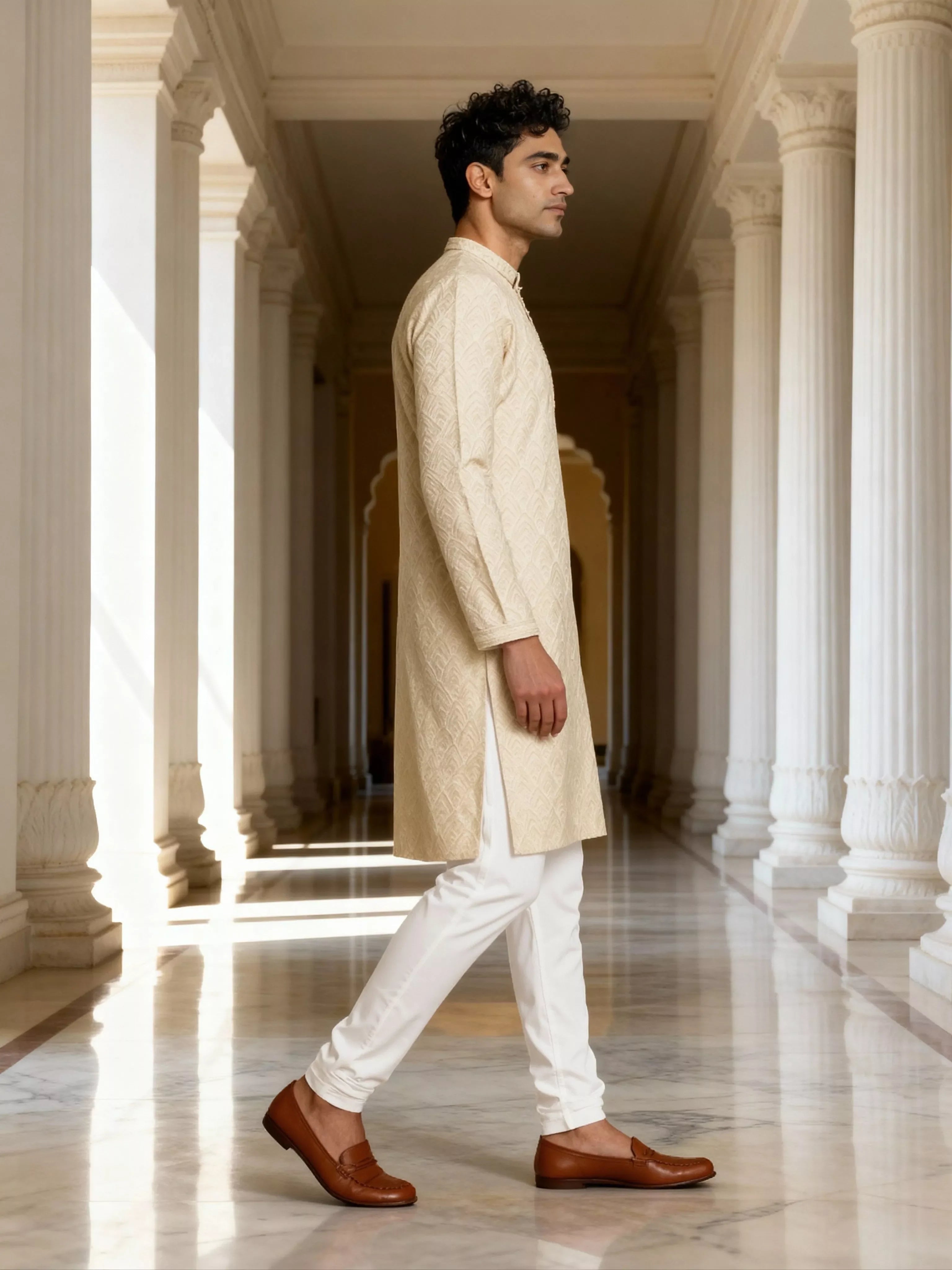 Image of Cream Thread work Zig Zag Pattern Jacquard Kurta Pyjama Set