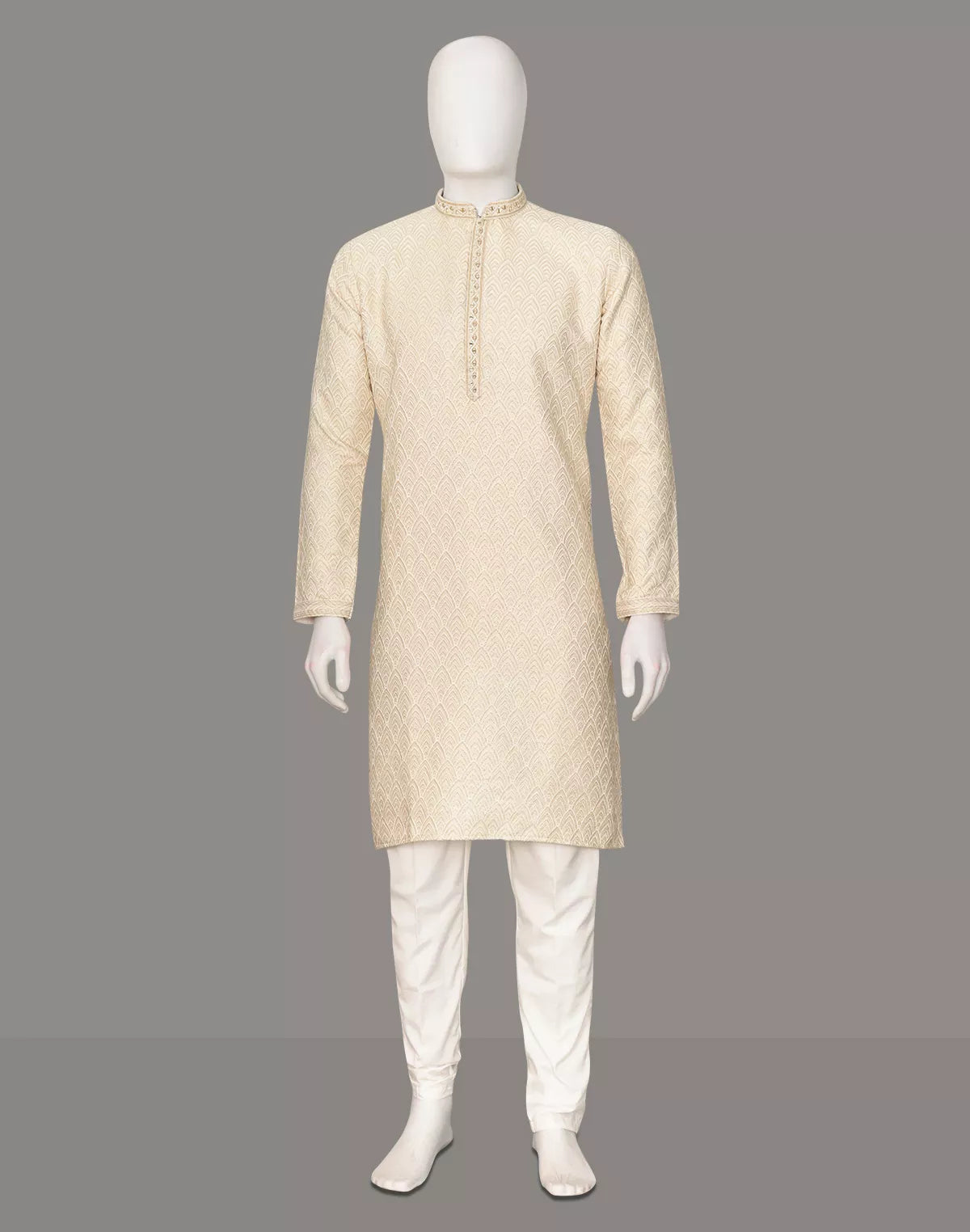 Cream Thread work Zig Zag Pattern Jacquard Kurta Pyjama Set