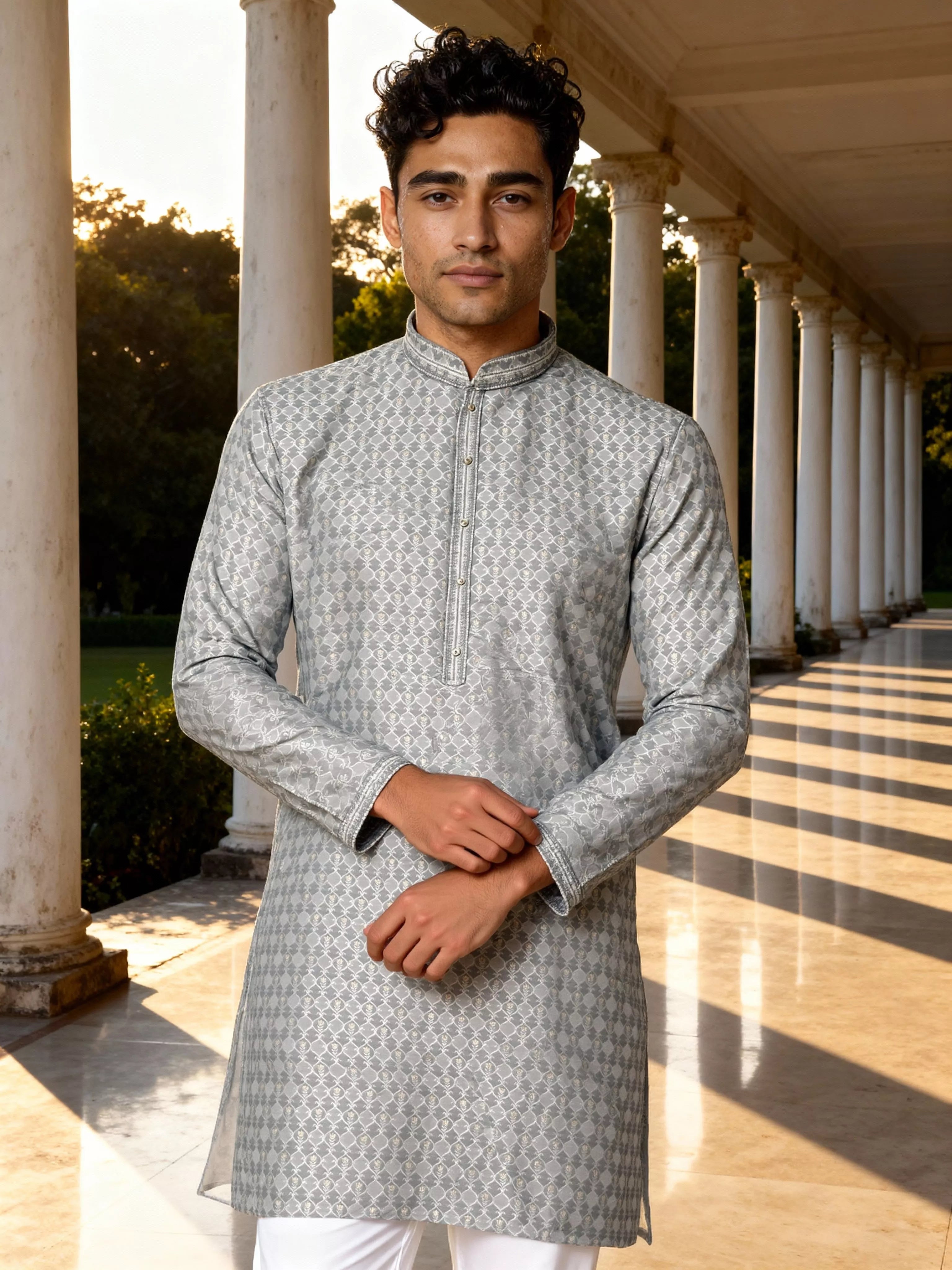 Image of Men Floral Jacquard Party Wear Kurta Pyjama Set