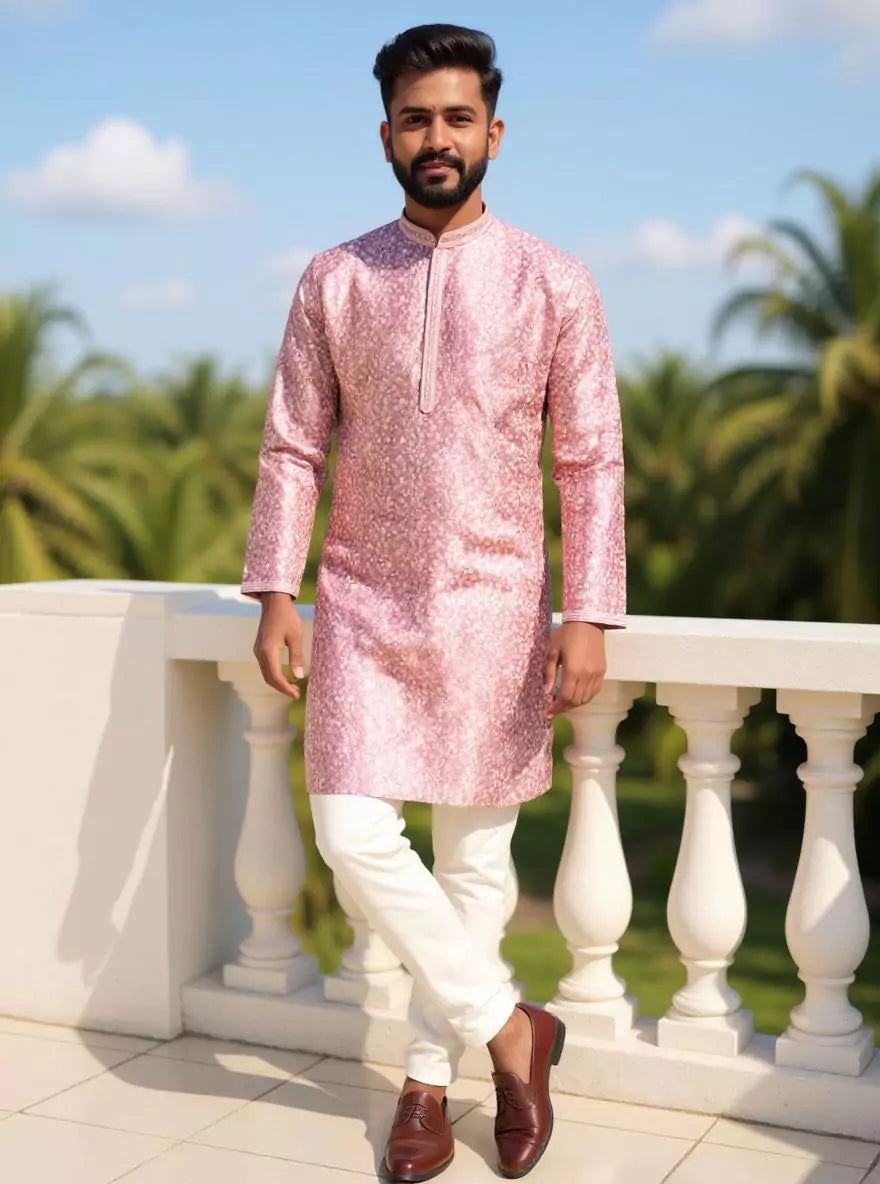 Image of Elegance Floral Printed Onion Color Cotton Silk Kurta Pyjama